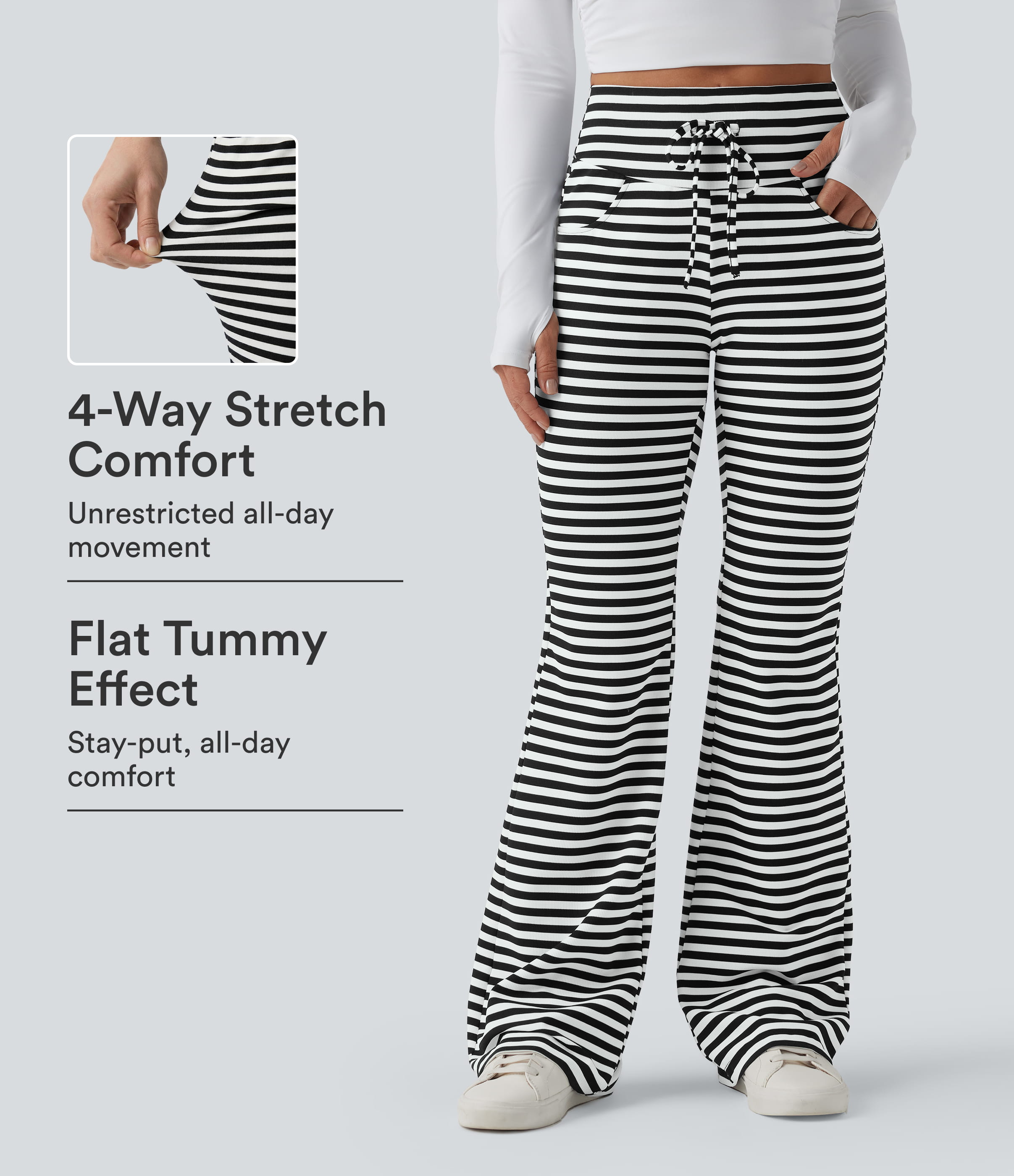 High Waisted Drawstring Tummy Control Stripe Waffle Flare Casual Pants with Pockets