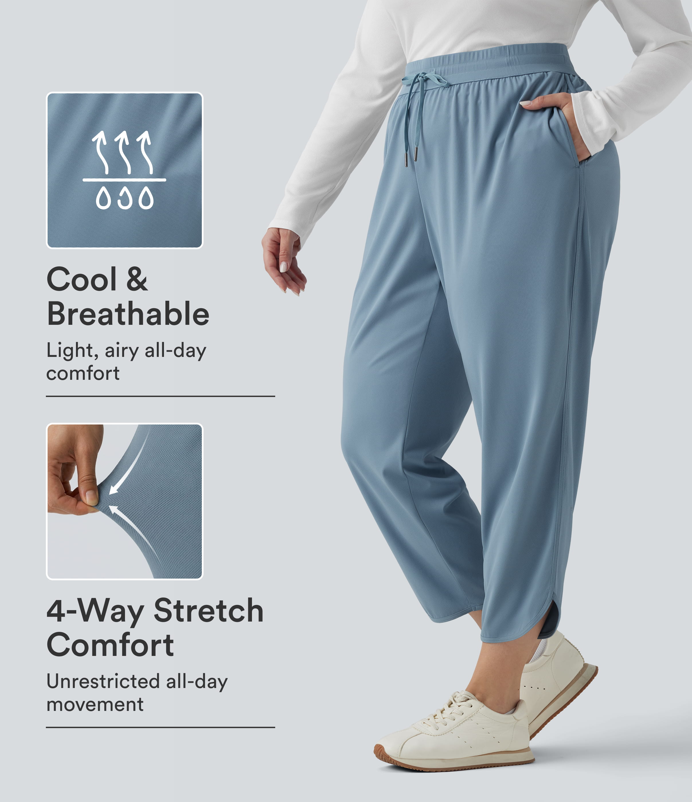 Plus Size Mid Rise Drawstring Curved Hem Quick Dry Golf Tapered Pants with Pockets-UPF40+