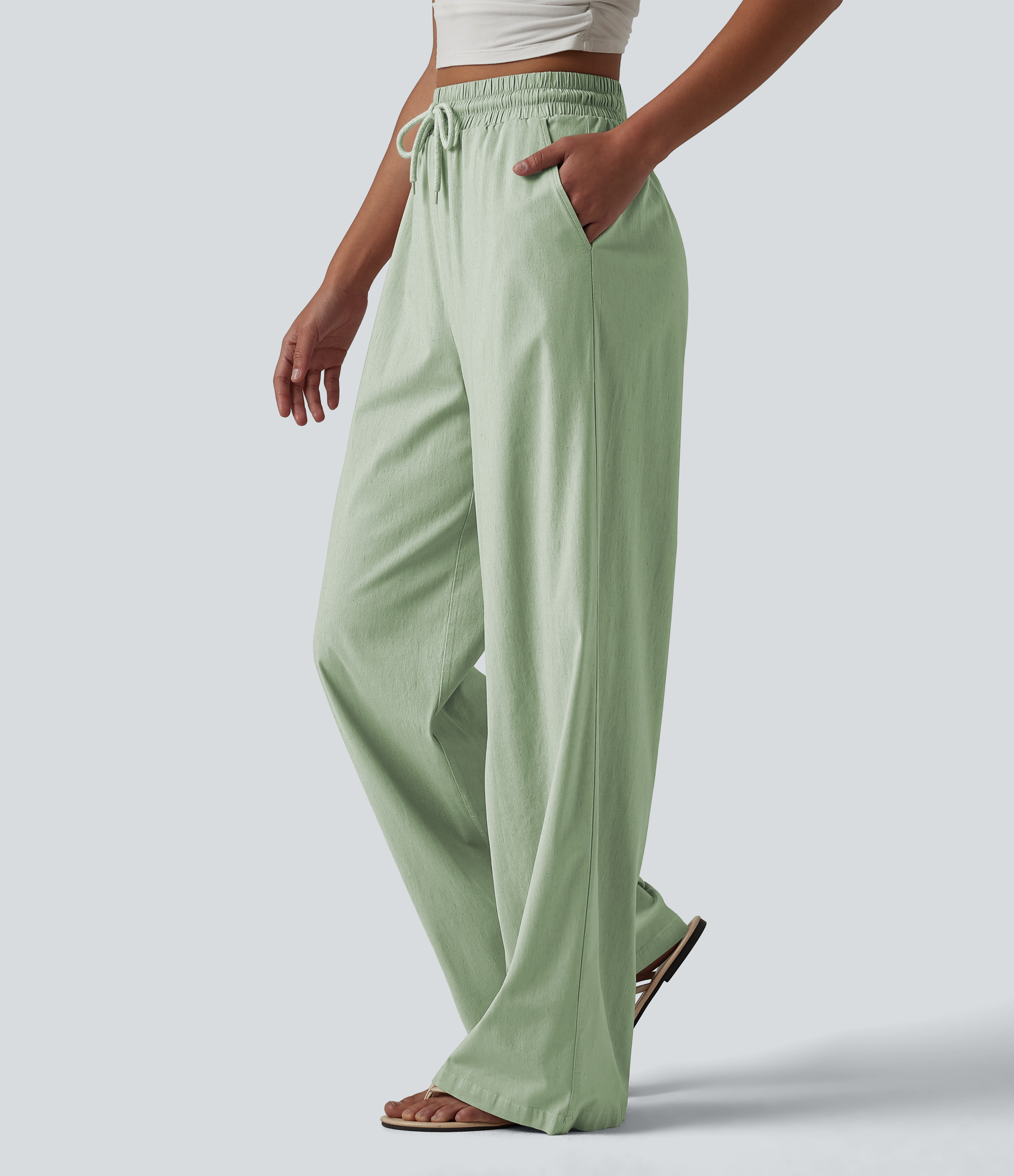 High Waisted Drawstring Wide Leg Baggy Casual Stretch Linen Pants with Pockets