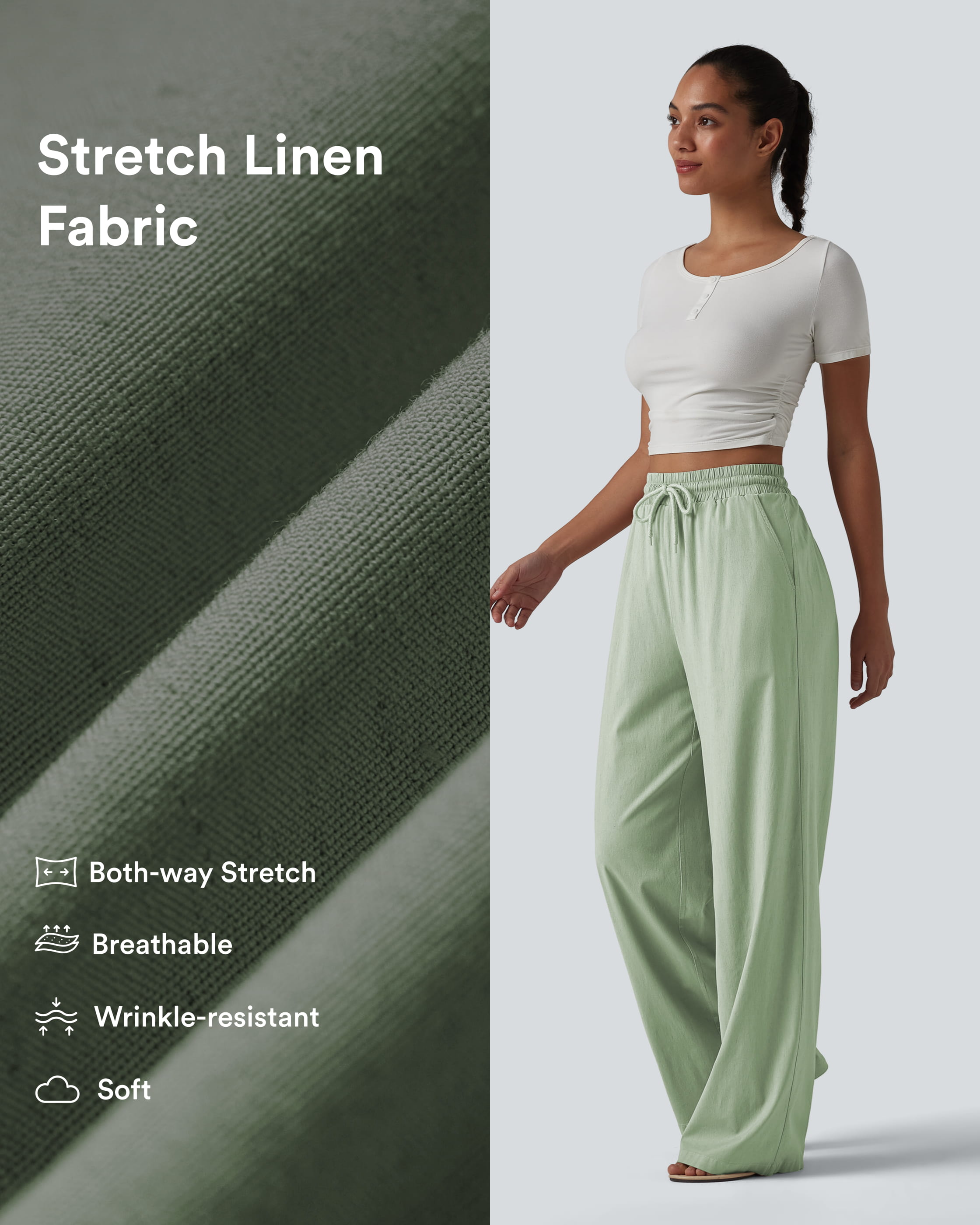 Mist Meadow Green Lässige Hose aus Leinenmischgewebe mit hohem Bund, Seitentaschen, Kordelzug und weitem Bein / 2