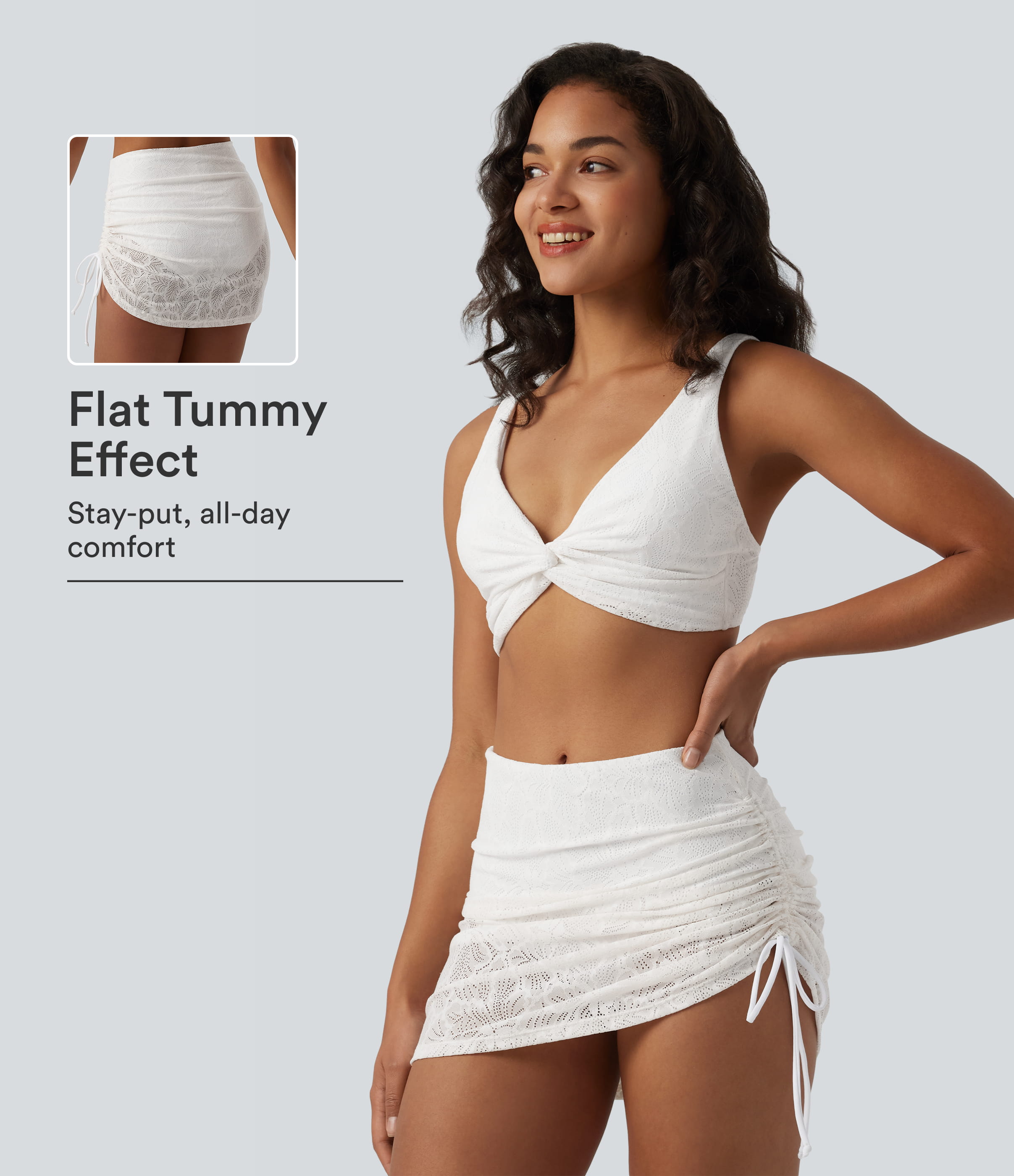 Deep V-neck Twisted Adjustable Straps Tummy Control Drawstring 2-in-1 Lace Overlay Bikini Set