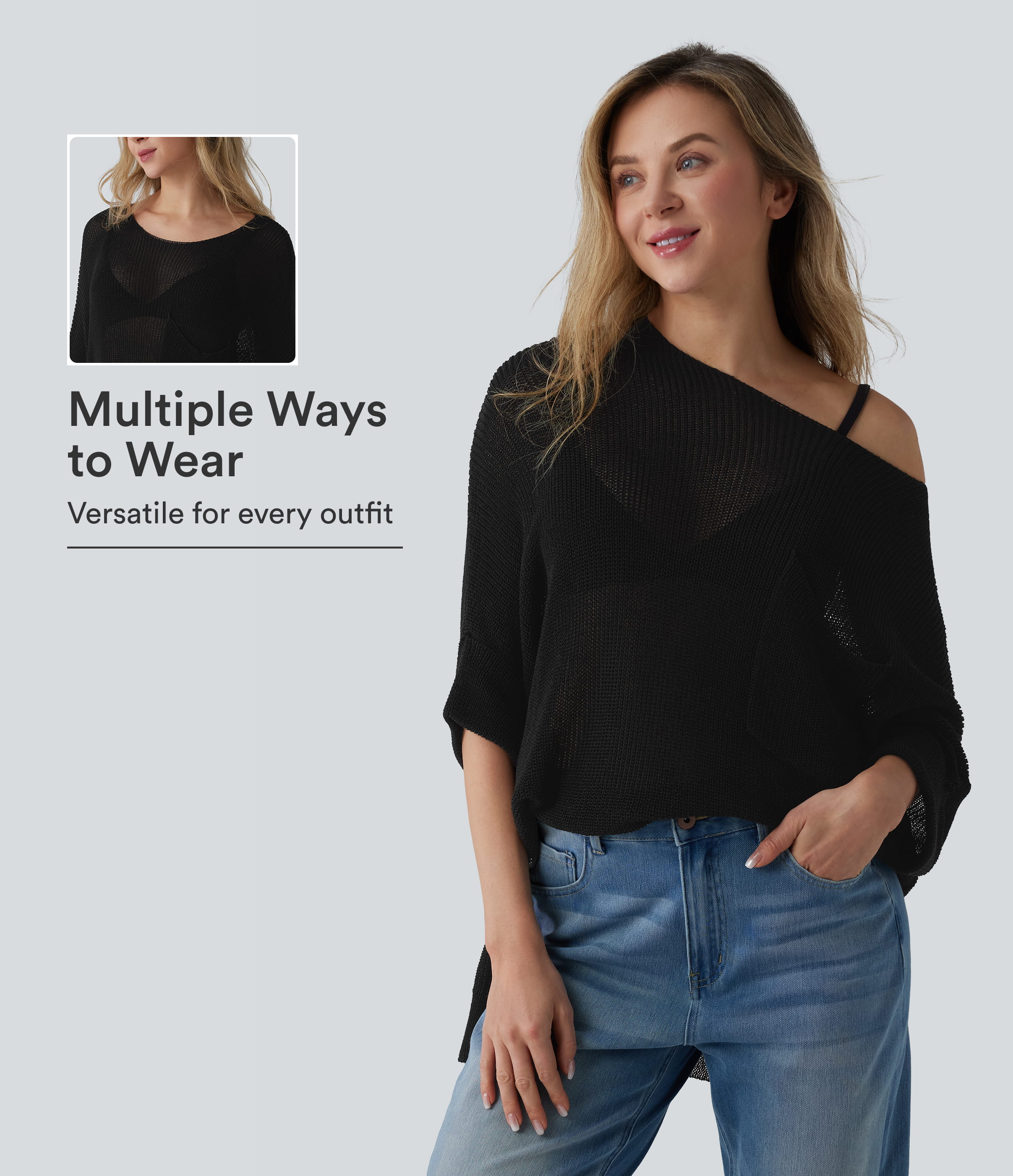 One-shoulder Half Sleeve Split Hem Oversize Casual Sweater with Pocket