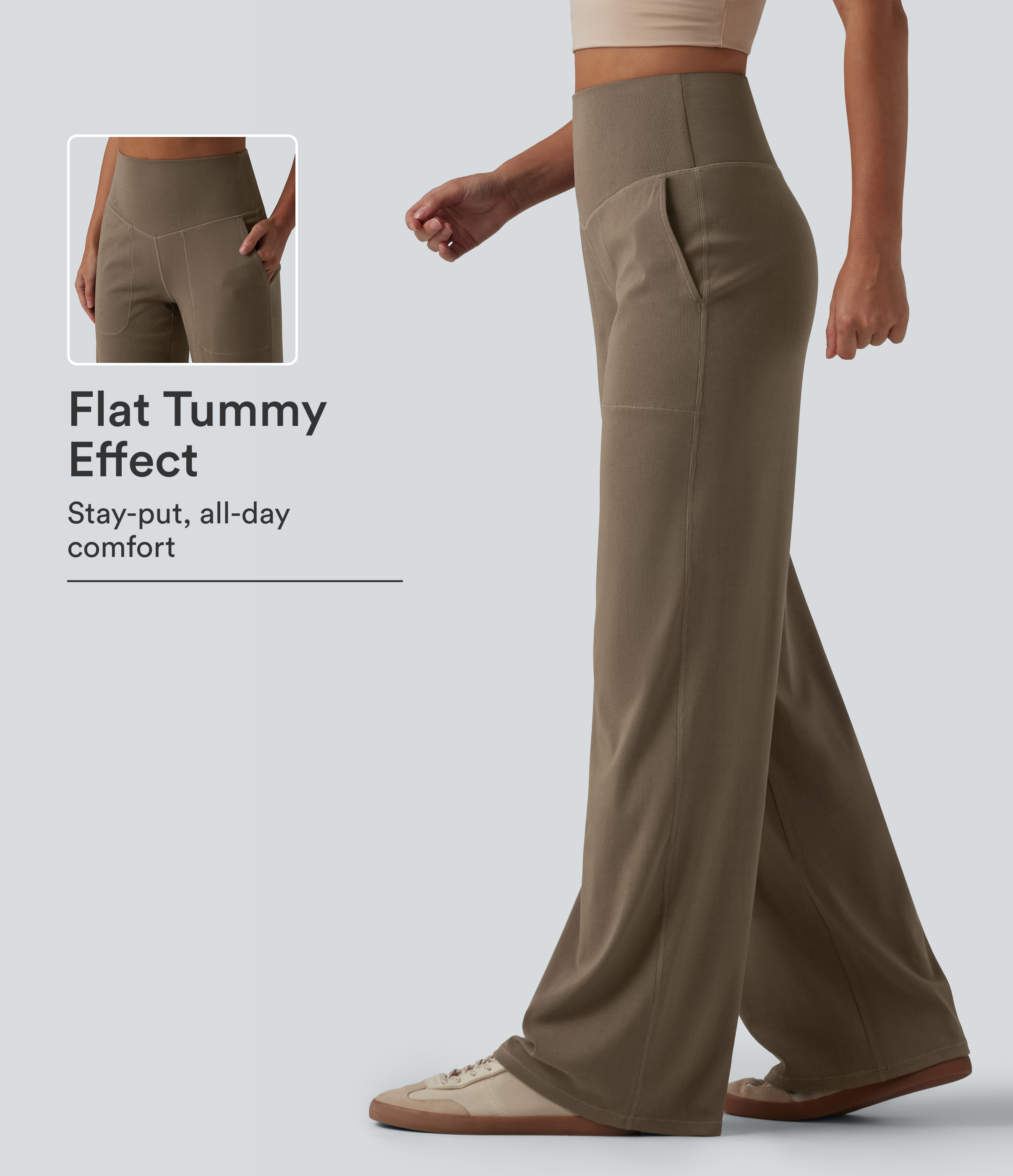 Ribbed Knit High Waisted Tummy Control Wide Leg Casual Pants with Pockets