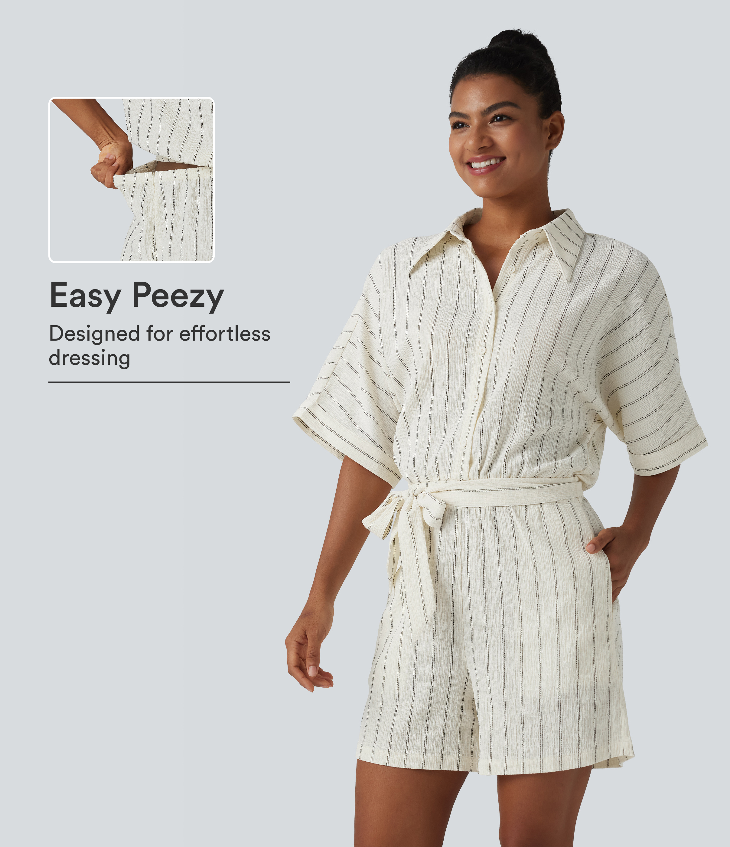 Collar Batwing Sleeve Tie Stripes Casual Romper with Pockets-Easy Peezy
