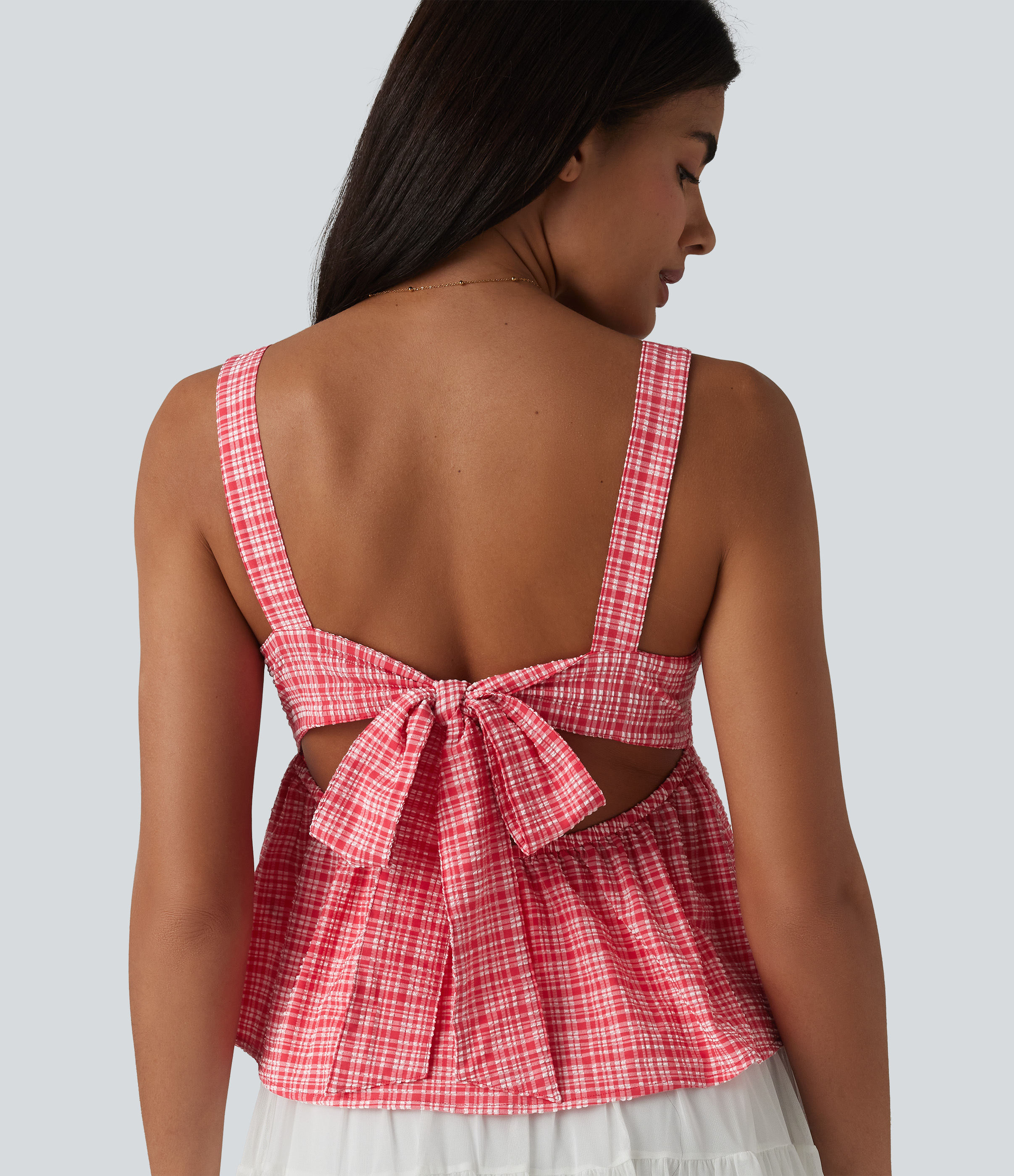 Square Neck Tie Back Plaid Quick Dry Casual Tank Top