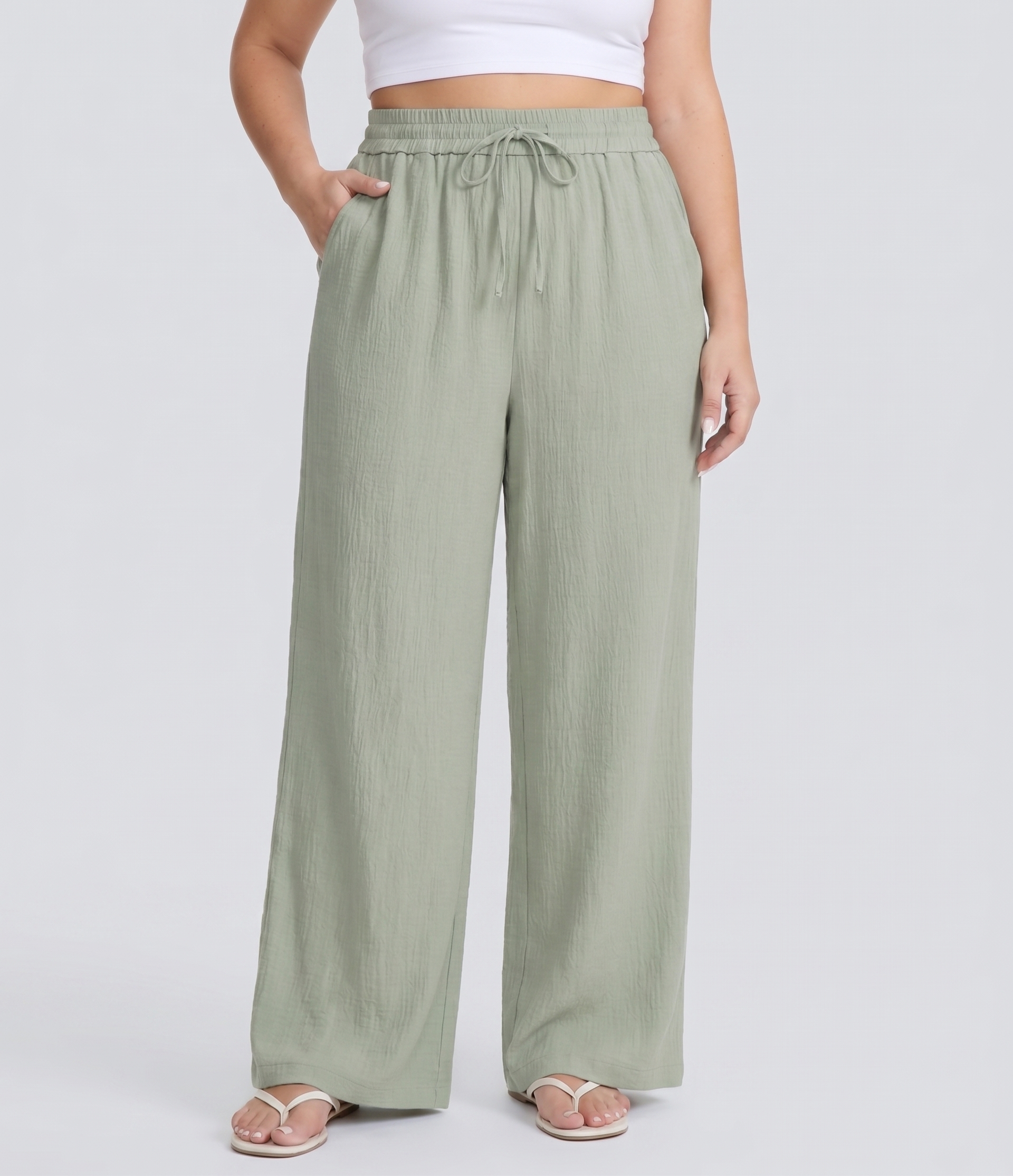 High Waisted Drawstring Linen-Feel Wide Leg Casual Plus Size Pants with Pockets