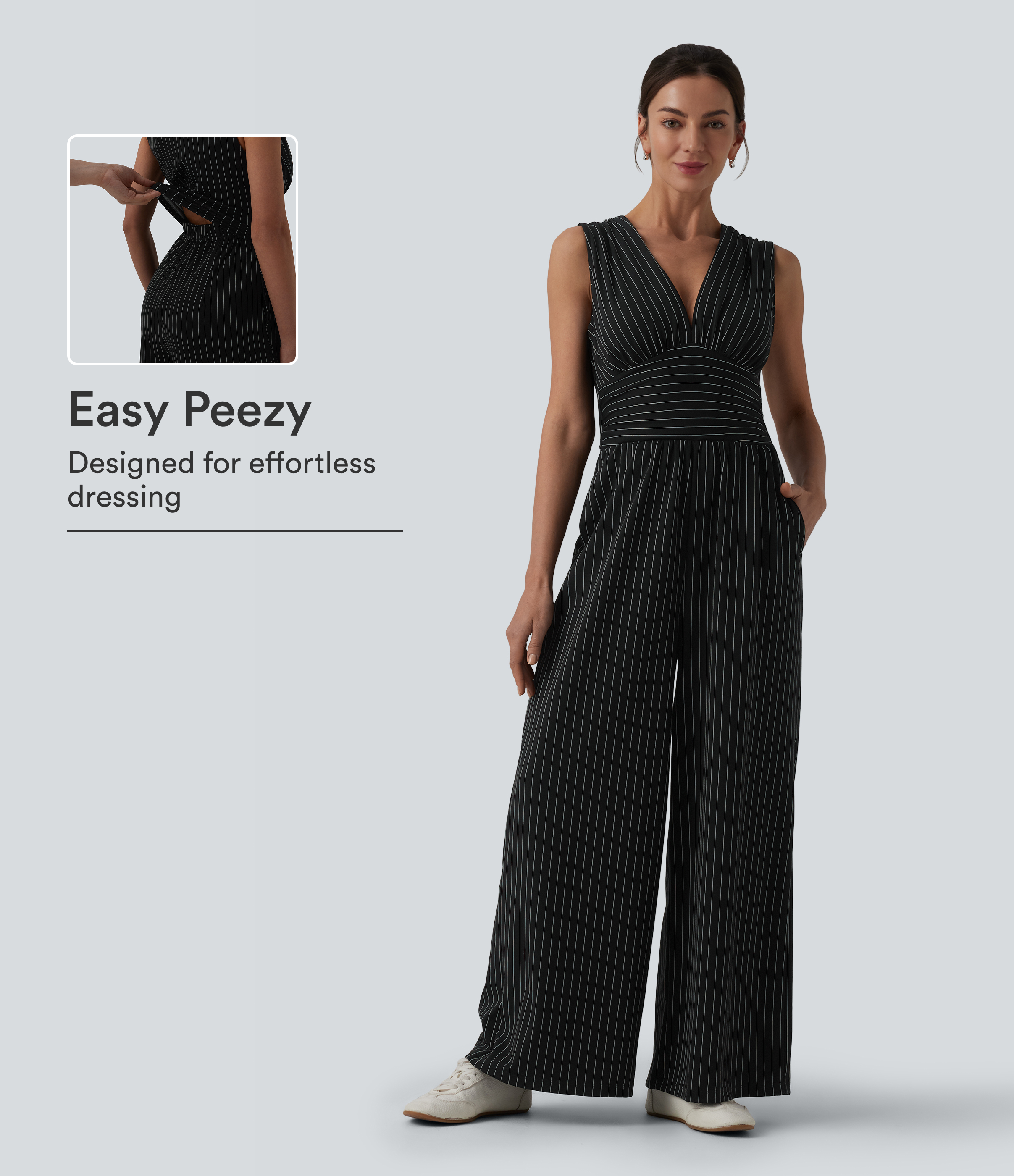 V Neck Sleeveless Ruched Stripes Work Jumpsuit with Pockets-Easy Peezy