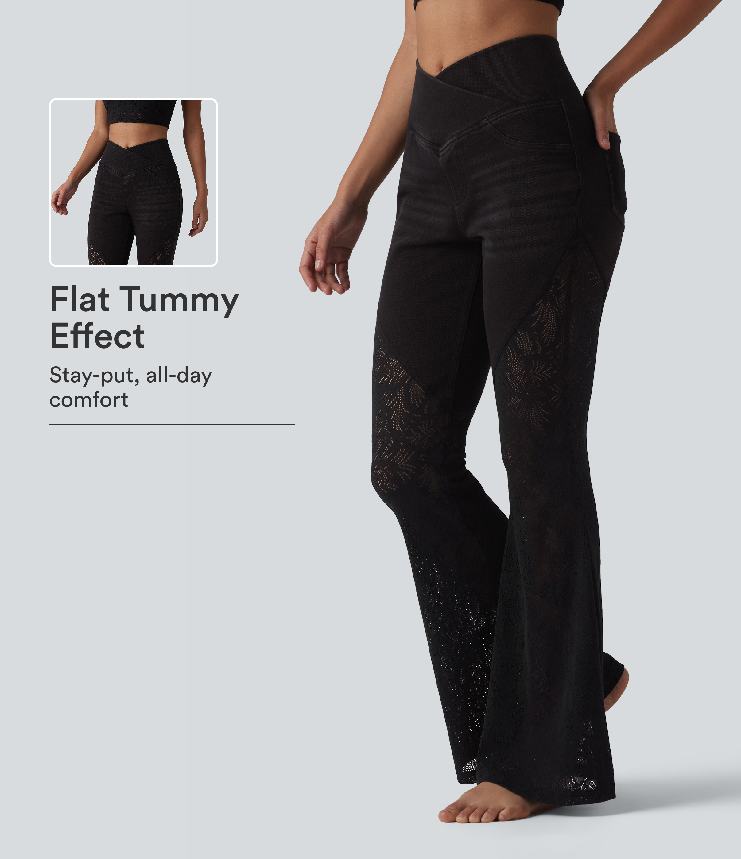 Halara Flex™ High Waisted Tummy Control Crossover Contrast Lace Flare Casual Jeans with Pockets
