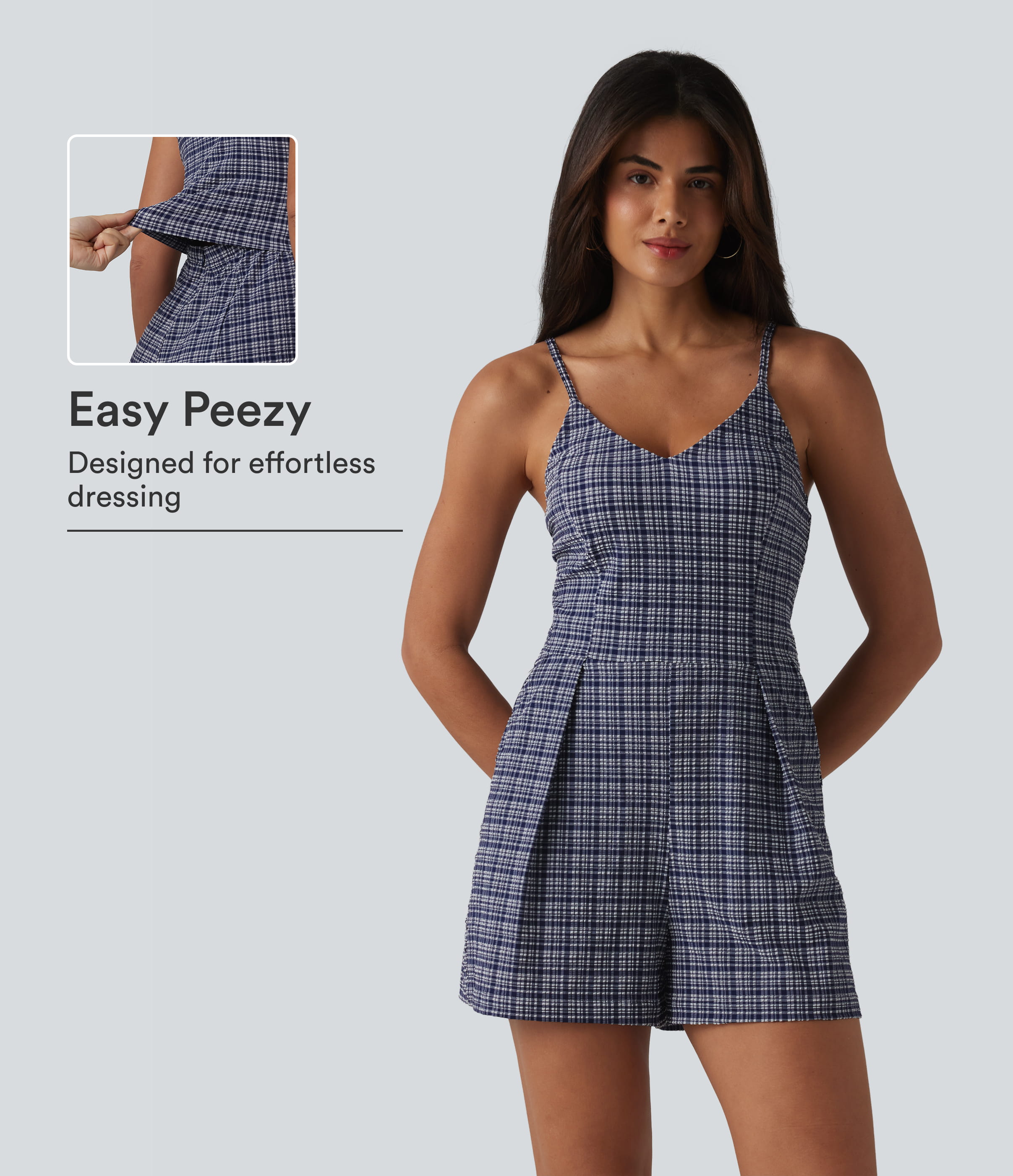 V-neck Sleeveless Plaid Crinkle Quick Dry Resort Romper with Pockets-Easy Peezy