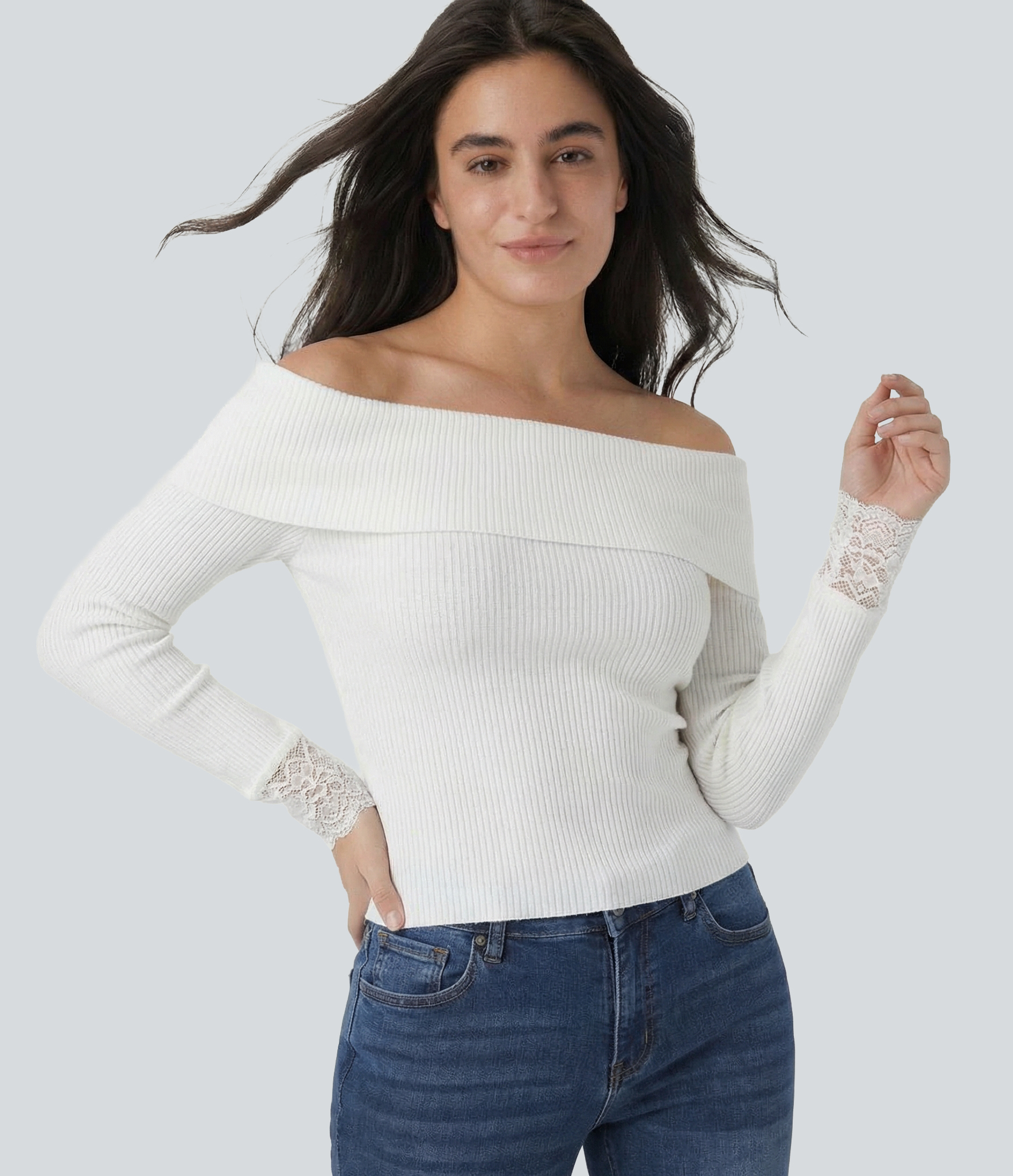Off Shoulder Contrast Lace Long Sleeve Casual Top