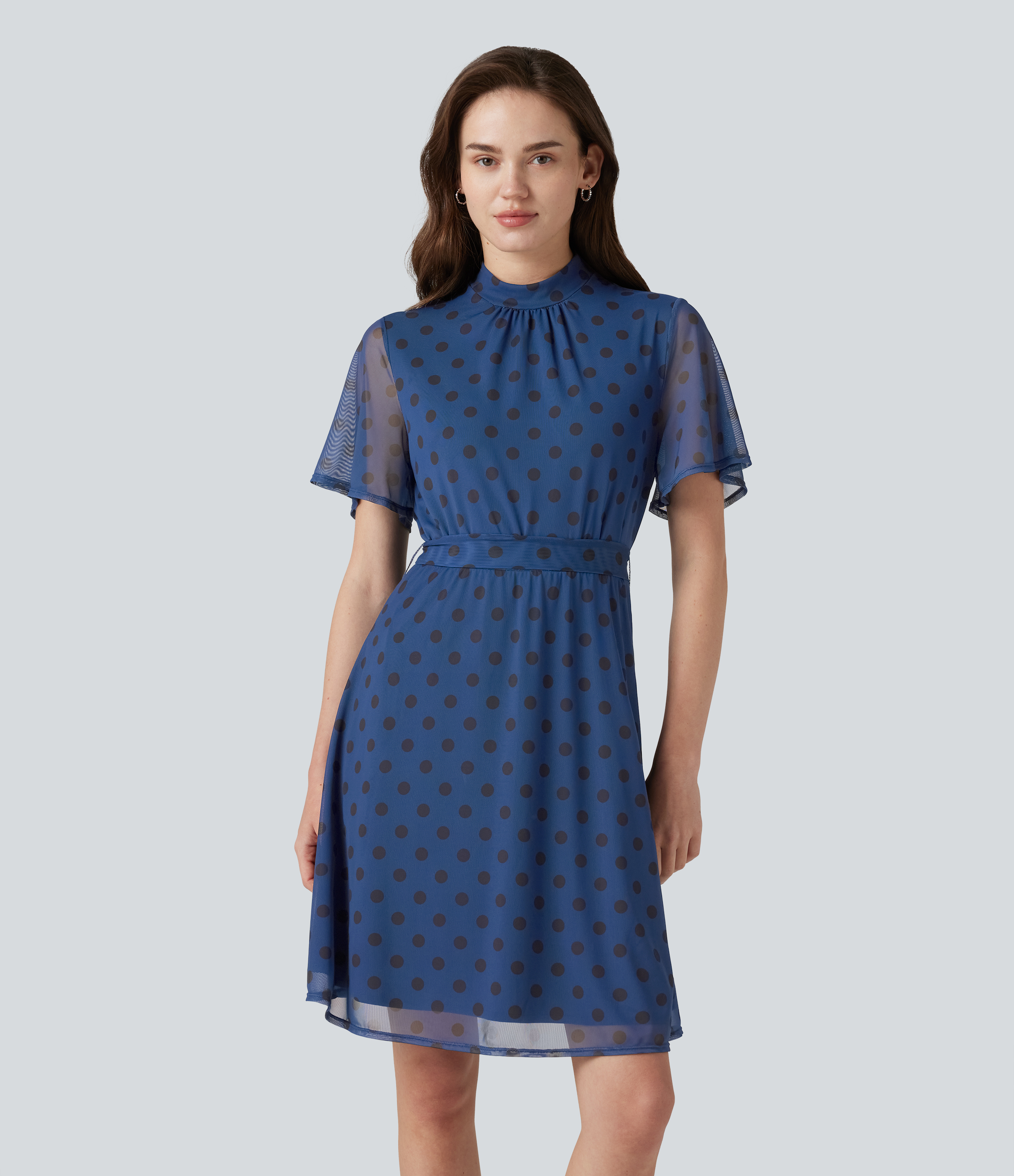 Mock Neck Flounce Sleeve Belted Polka Dot Mesh Casual Dress with Pockets