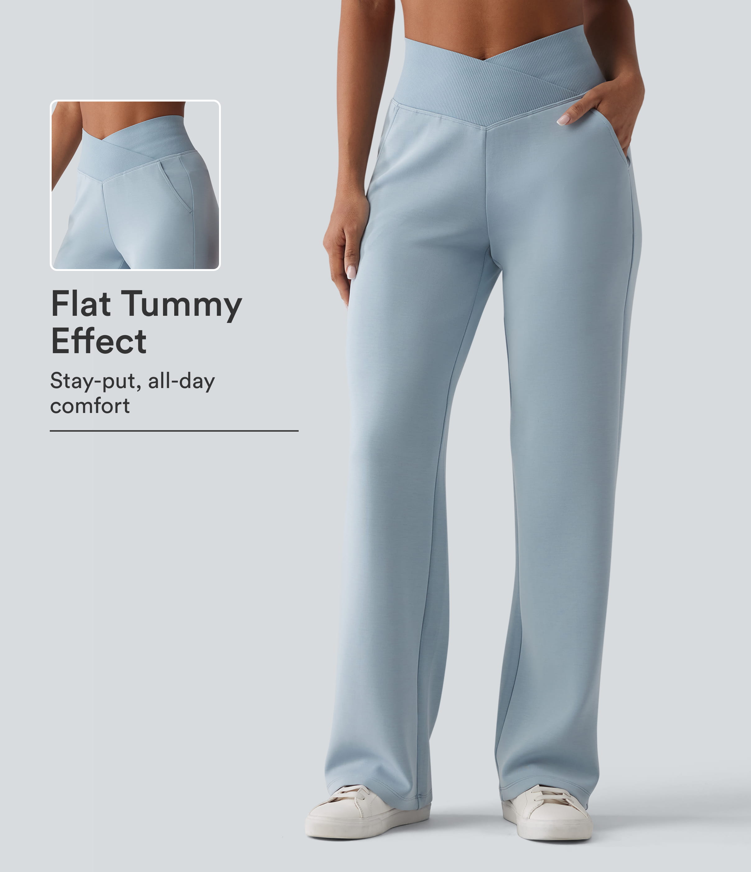 SpacerTek™ High Waisted Crossover Tummy Control Straight Leg Casual Pants with Pockets