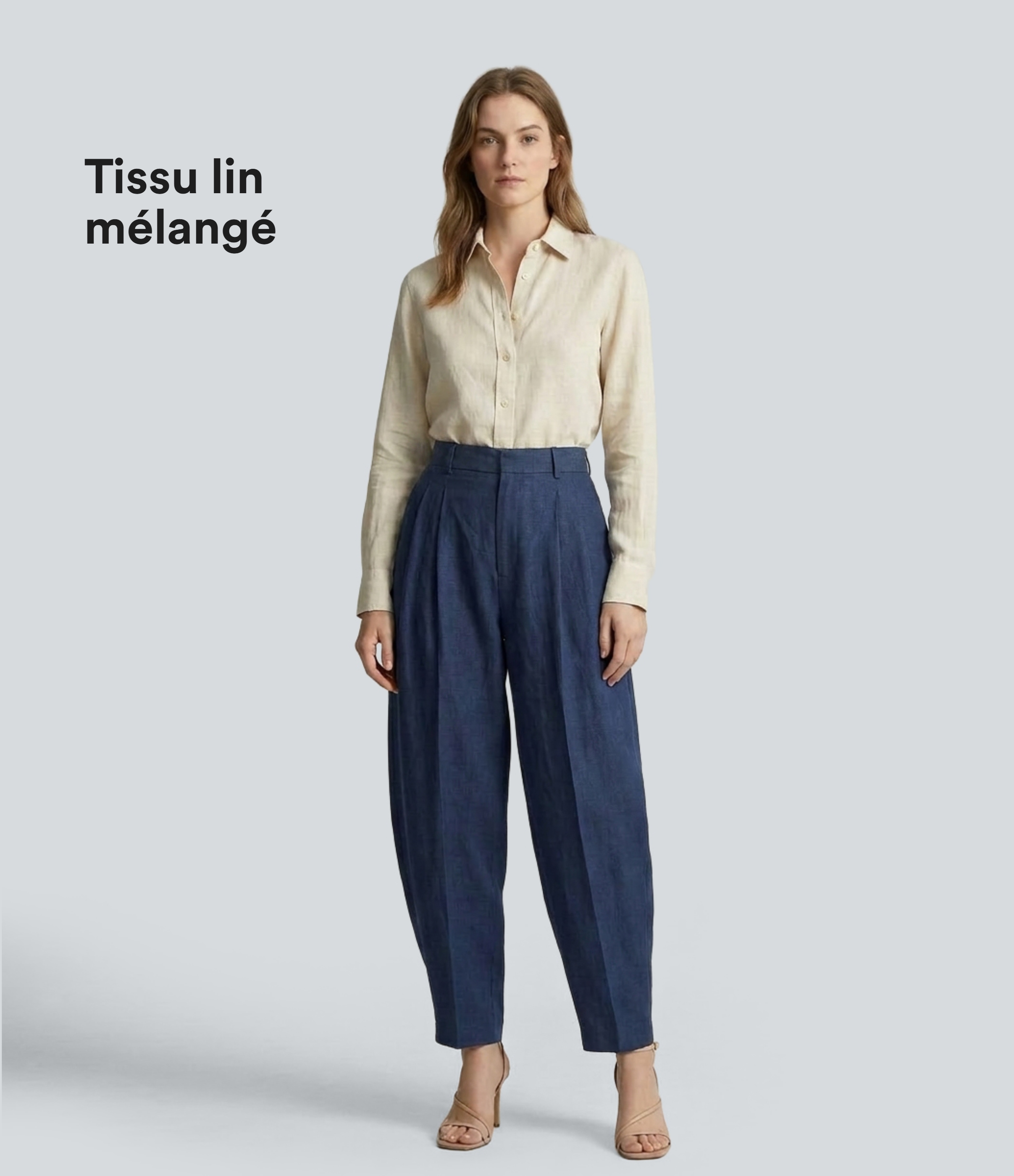 Pantalon tailleur taille mi-haute jambes fuselées en lin et coton