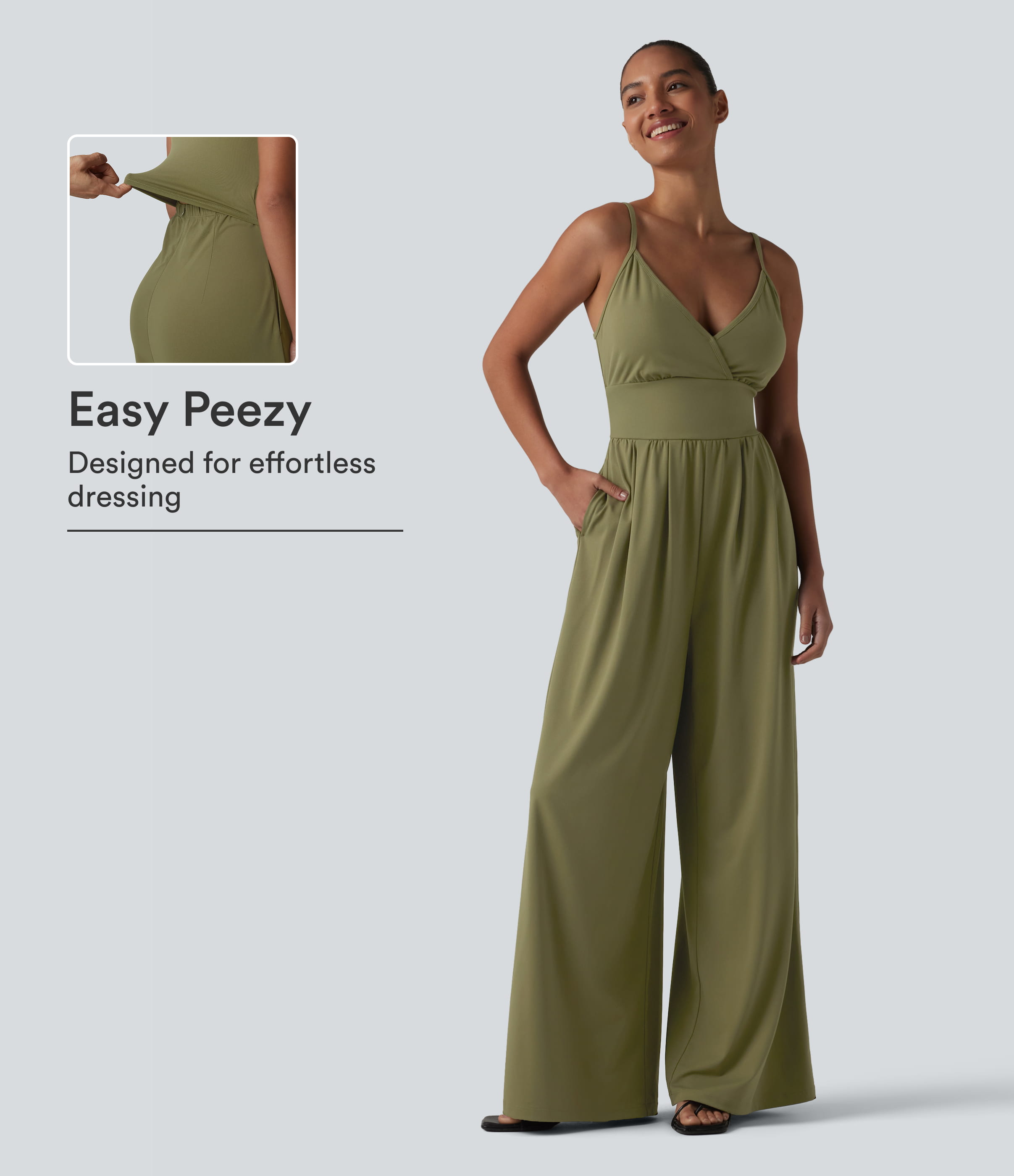 V Neck Built-in Bra Casual Slip Jumpsuit with Pockets-Easy Peezy Edition