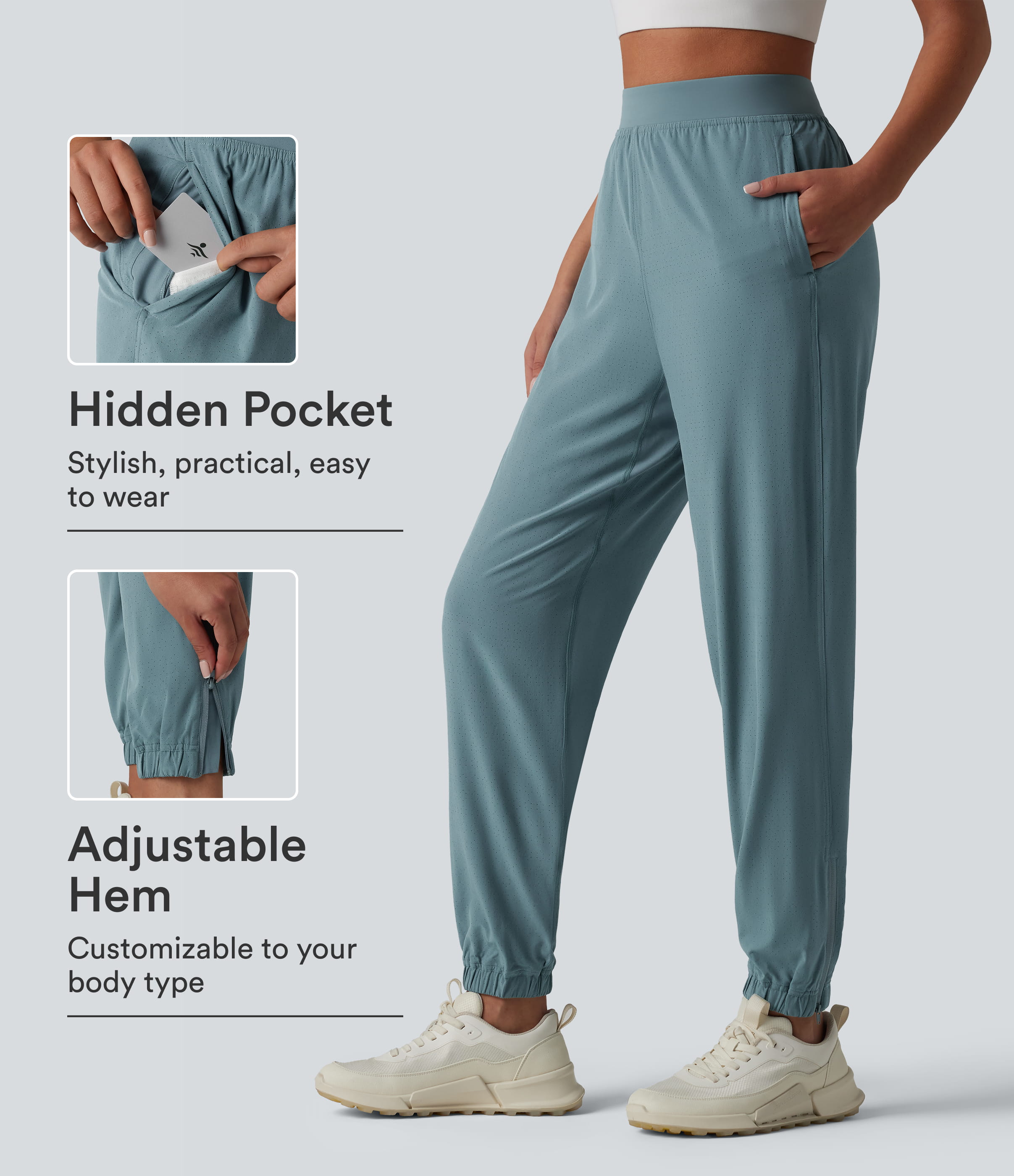 High Waisted Inner Drawstring Eyelet 2-in-1 Zip Hem Quick Dry Running Joggers with Pockets