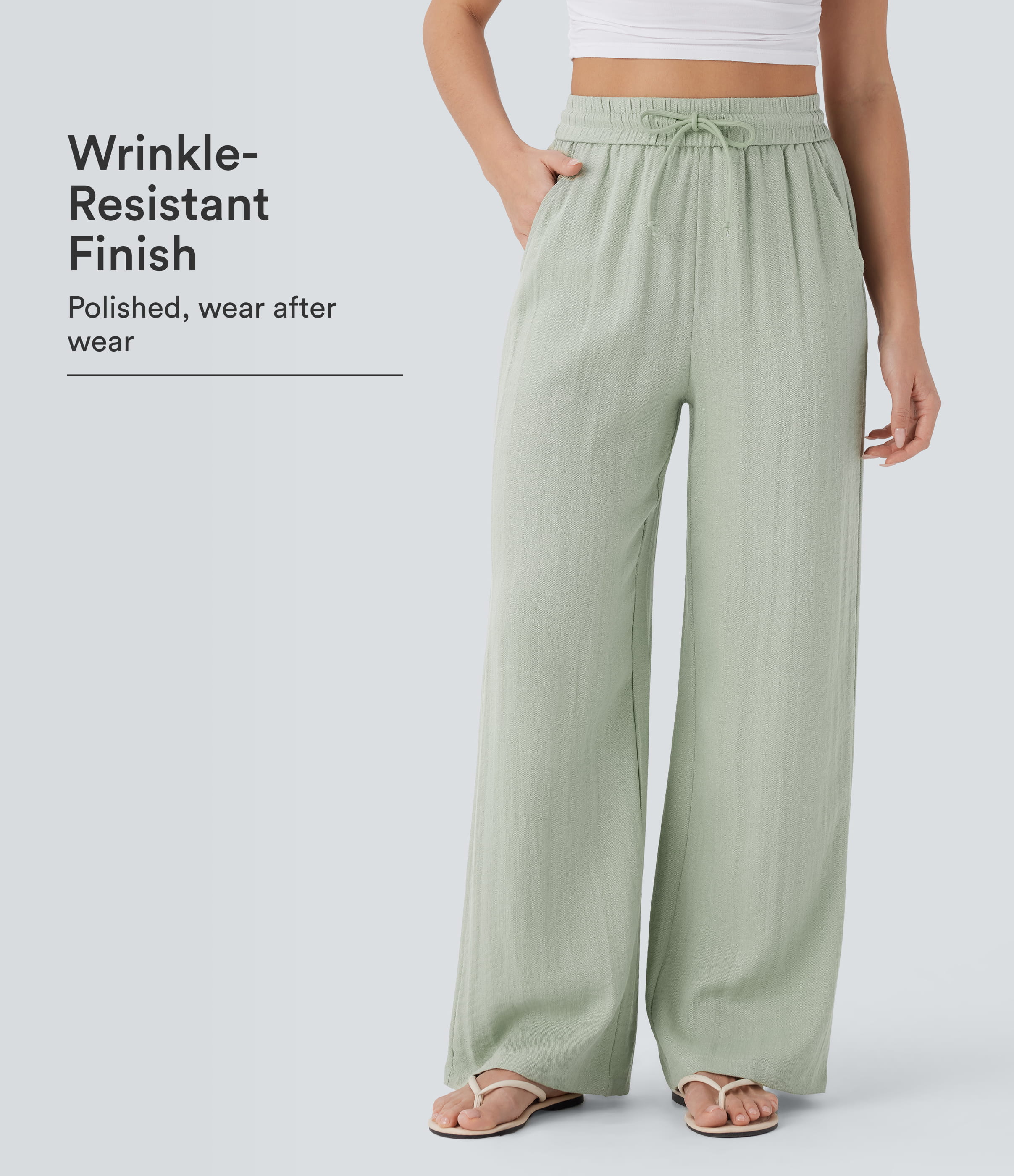 High Waisted Drawstring Pocket Wide Leg Casual Linen-Feel Pants