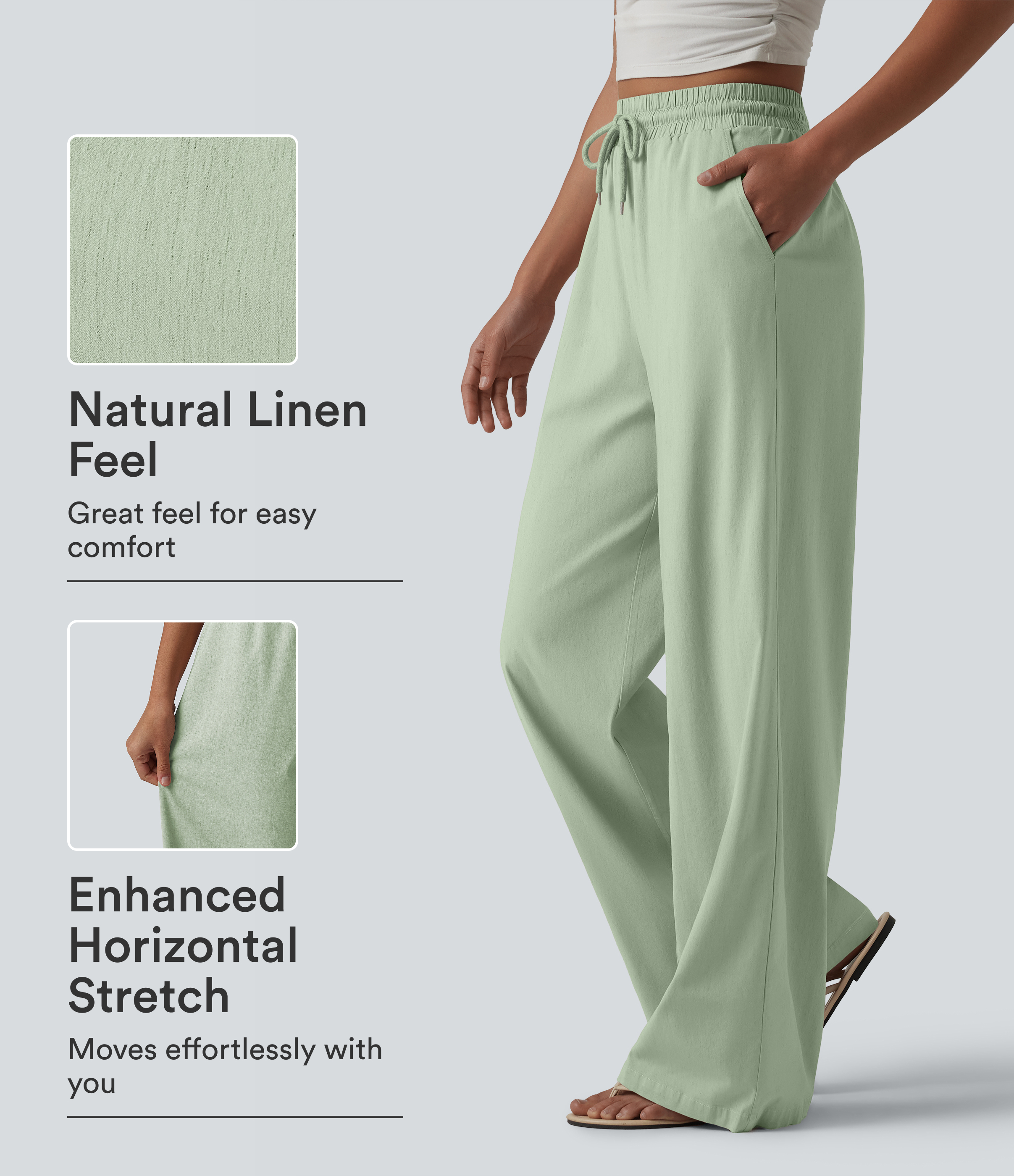 High Waisted Drawstring Wide Leg Casual Stretch Linen Pants with Pockets