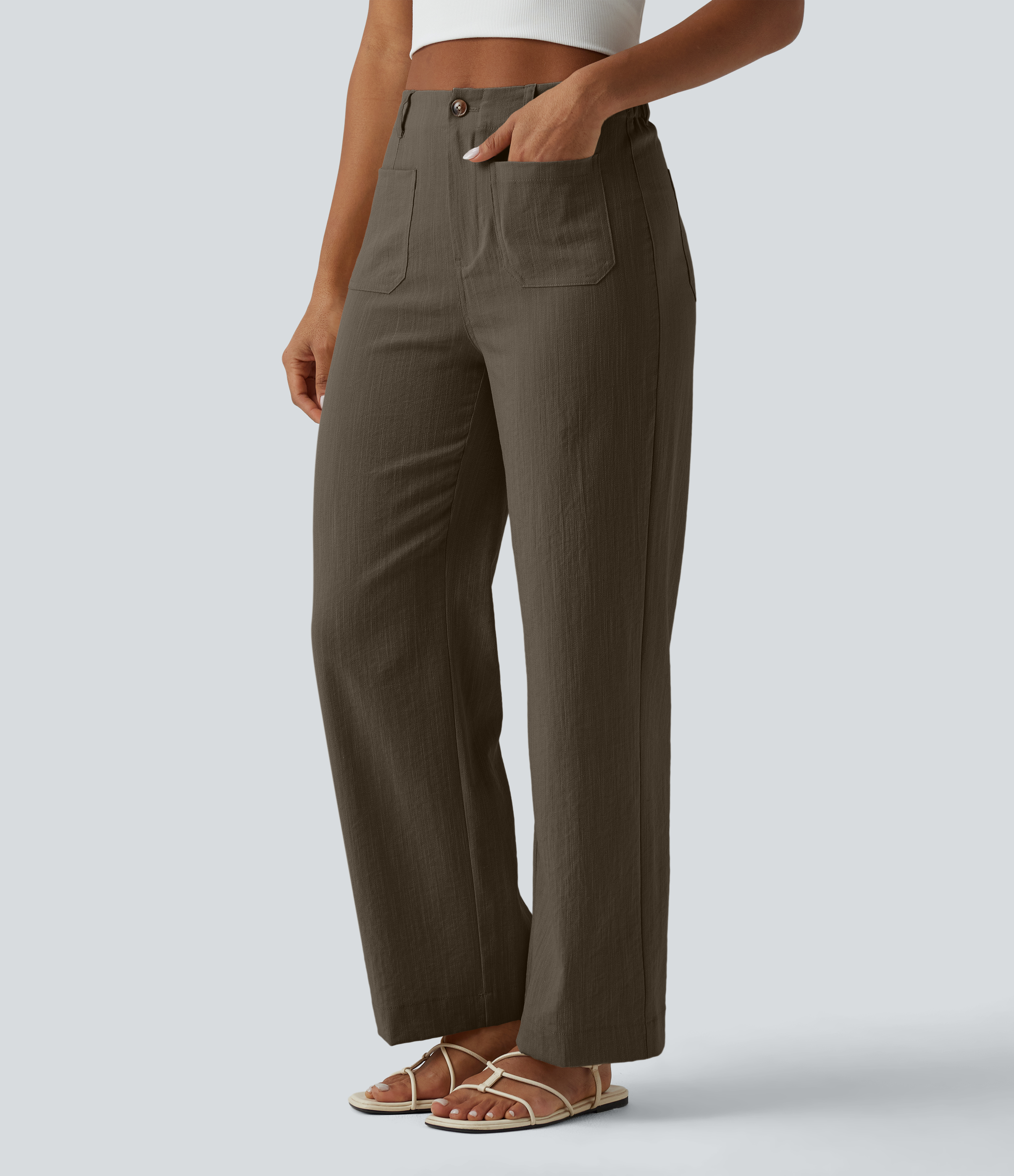 High Waisted Straight Leg Casual Linen-Feel Trousers with Pockets