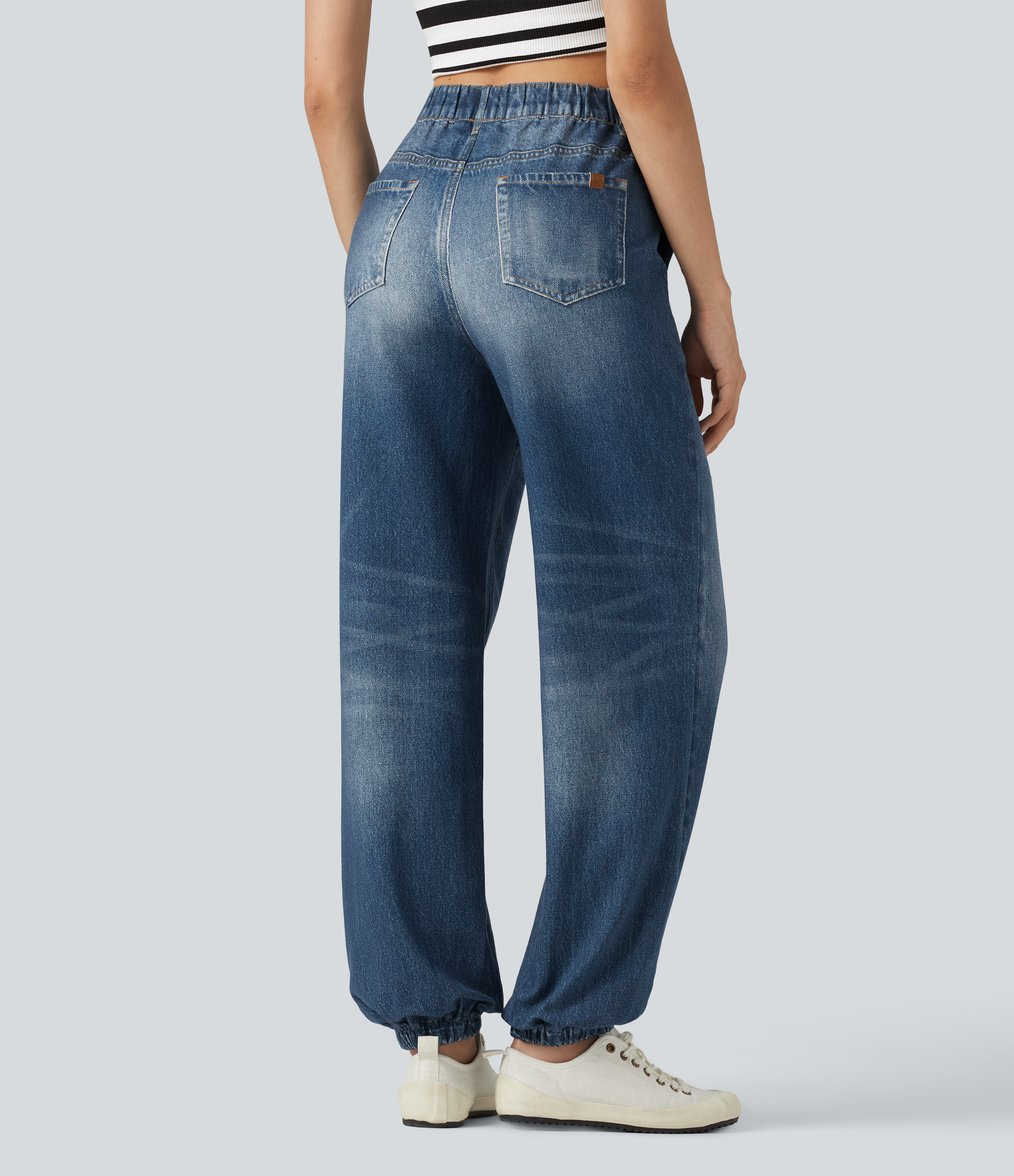 Washed Indigo Blue Joggers décontractés taille haute en French terry imprimé denim avec poches / 2