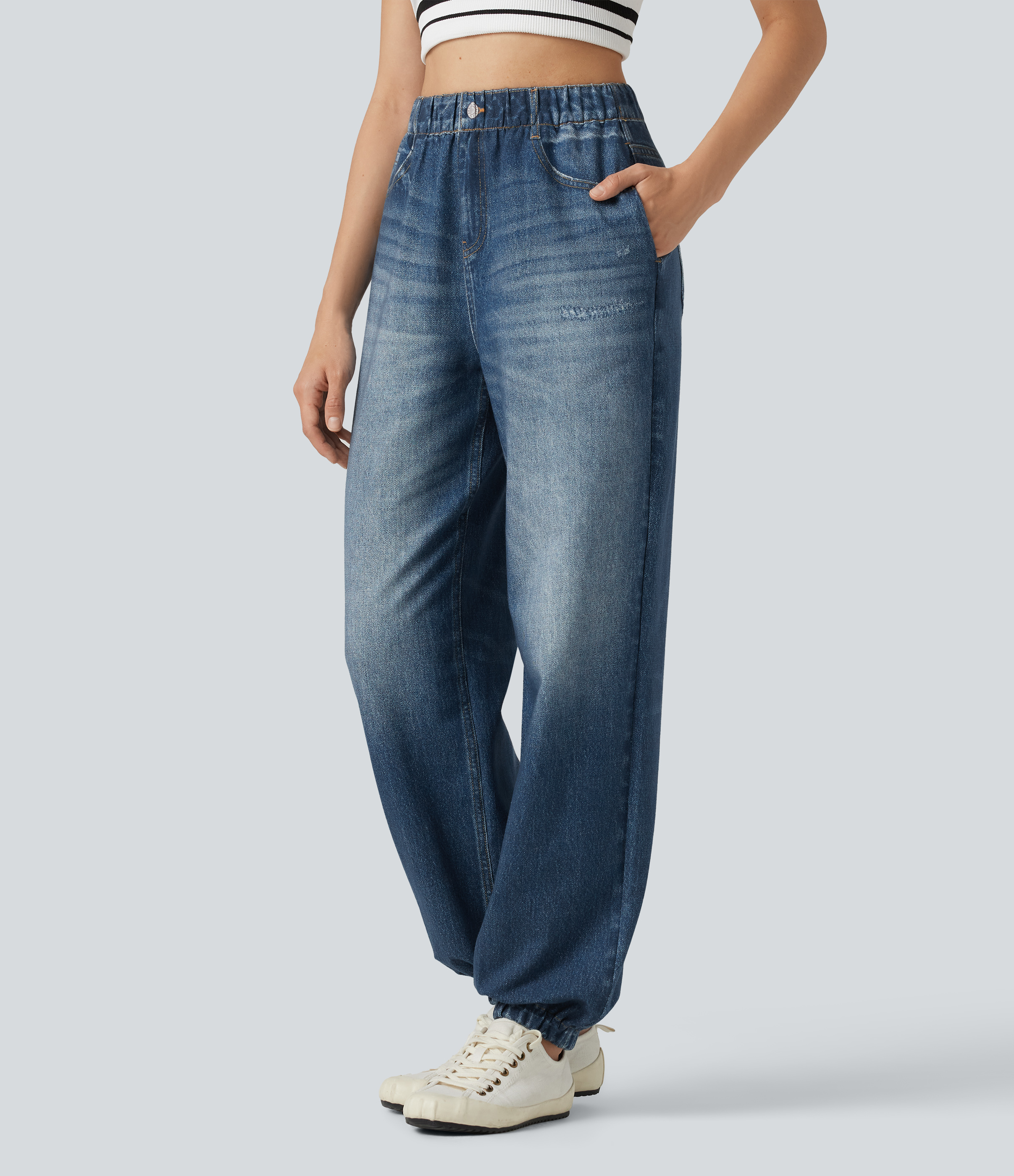 High Waisted Denim Print French Terry Casual Joggers with Pockets