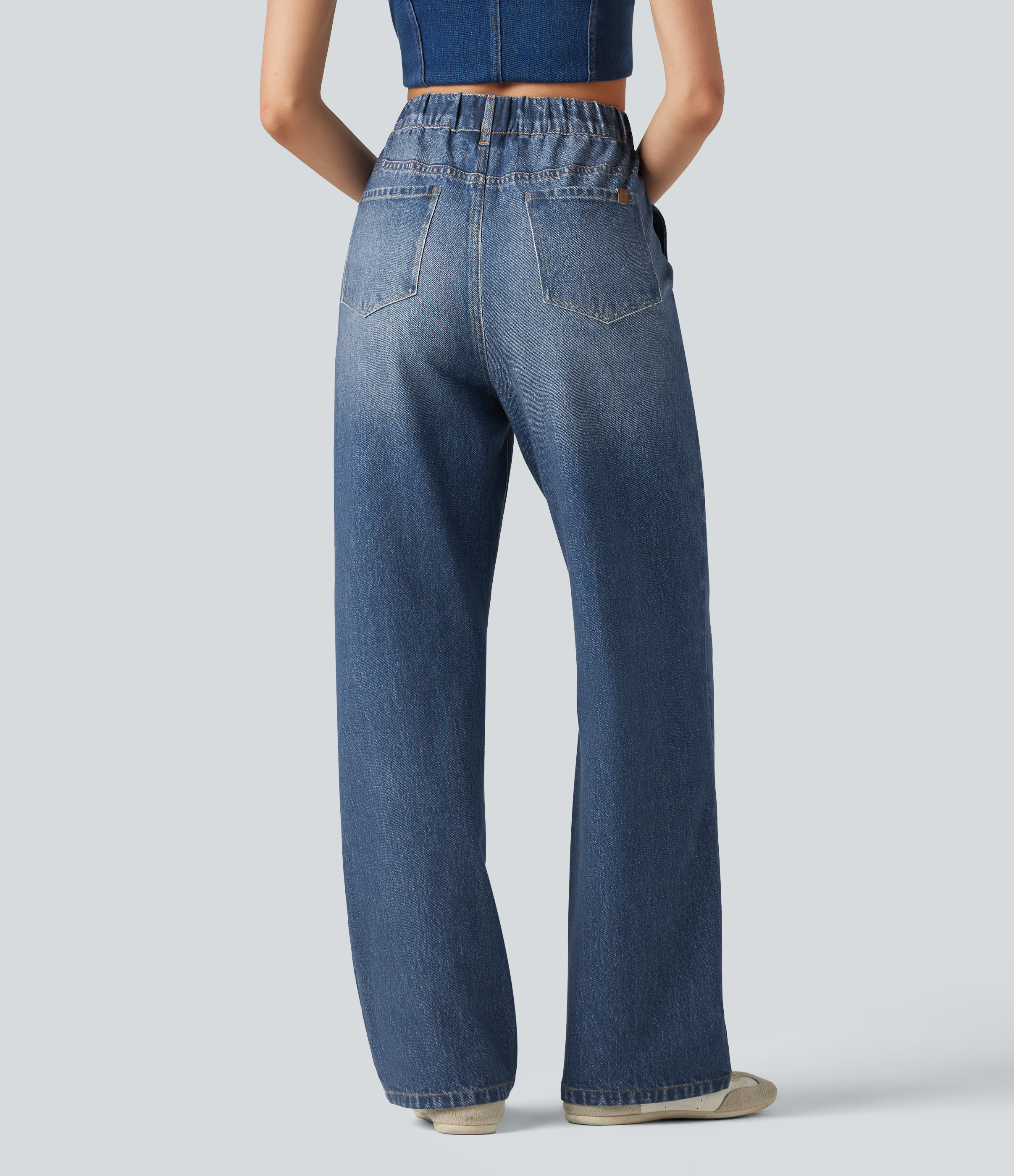 Washed Indigo Blue High Waisted Denim Print French Terry Casual Sweatpants Jeans with Pockets / 2