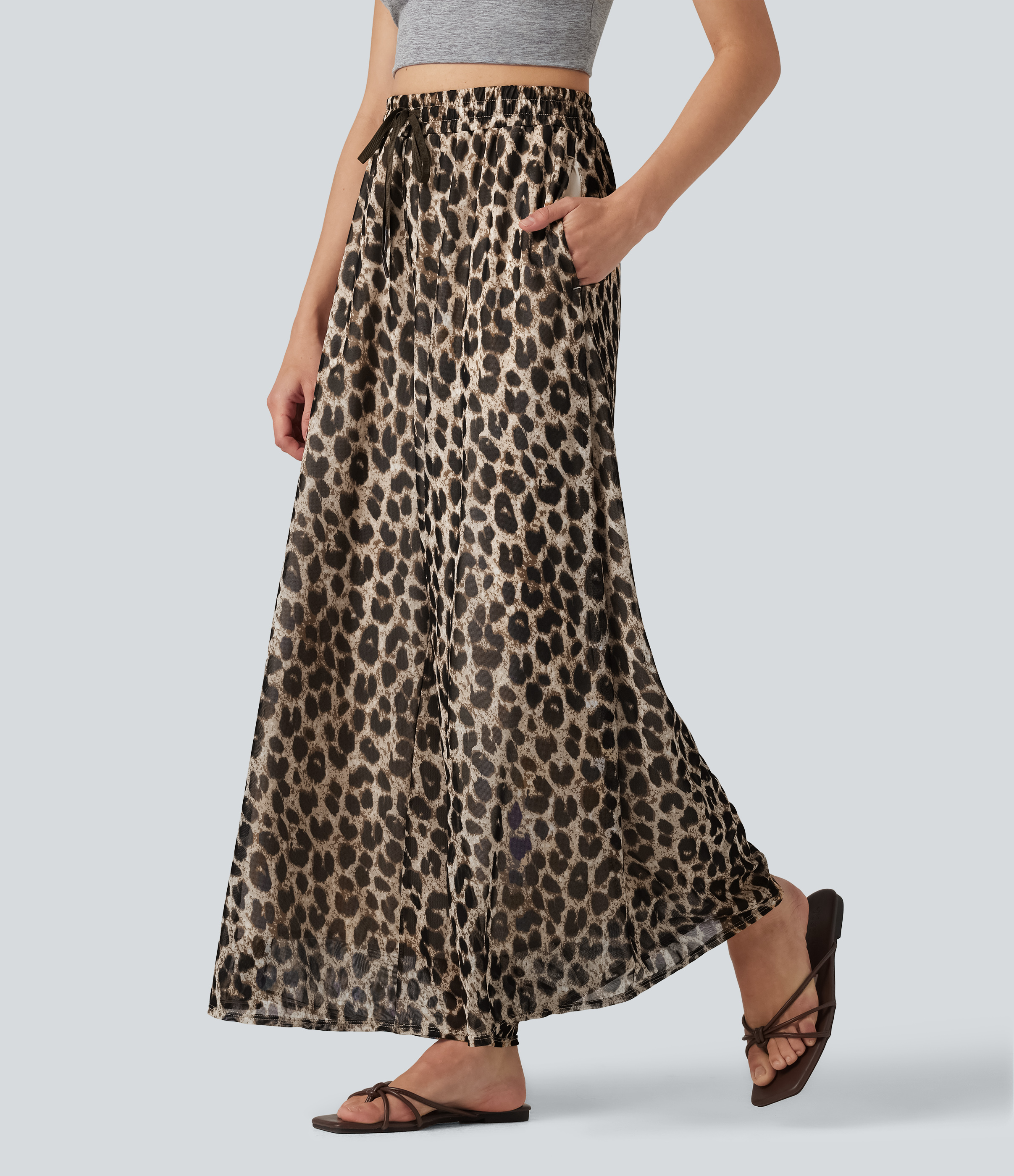 Pantalon léopard décontracté taille haute à cordon de serrage, coupe ample, en maille transparente avec poches
