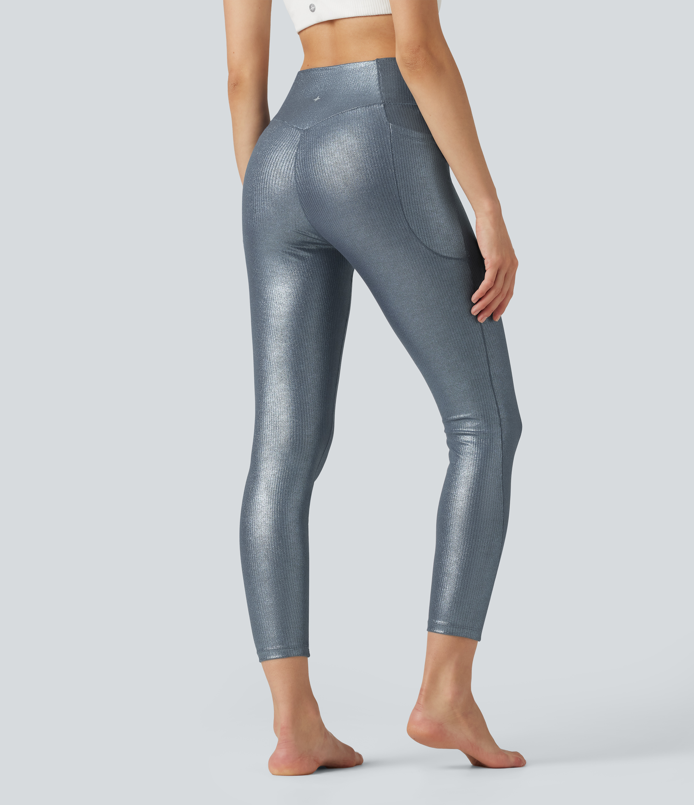 Sea Fog Blue Gerippte Strick-Yoga-Leggings mit hoher Taille, überkreuztem Bund, Folien-Print und Taschen / 2