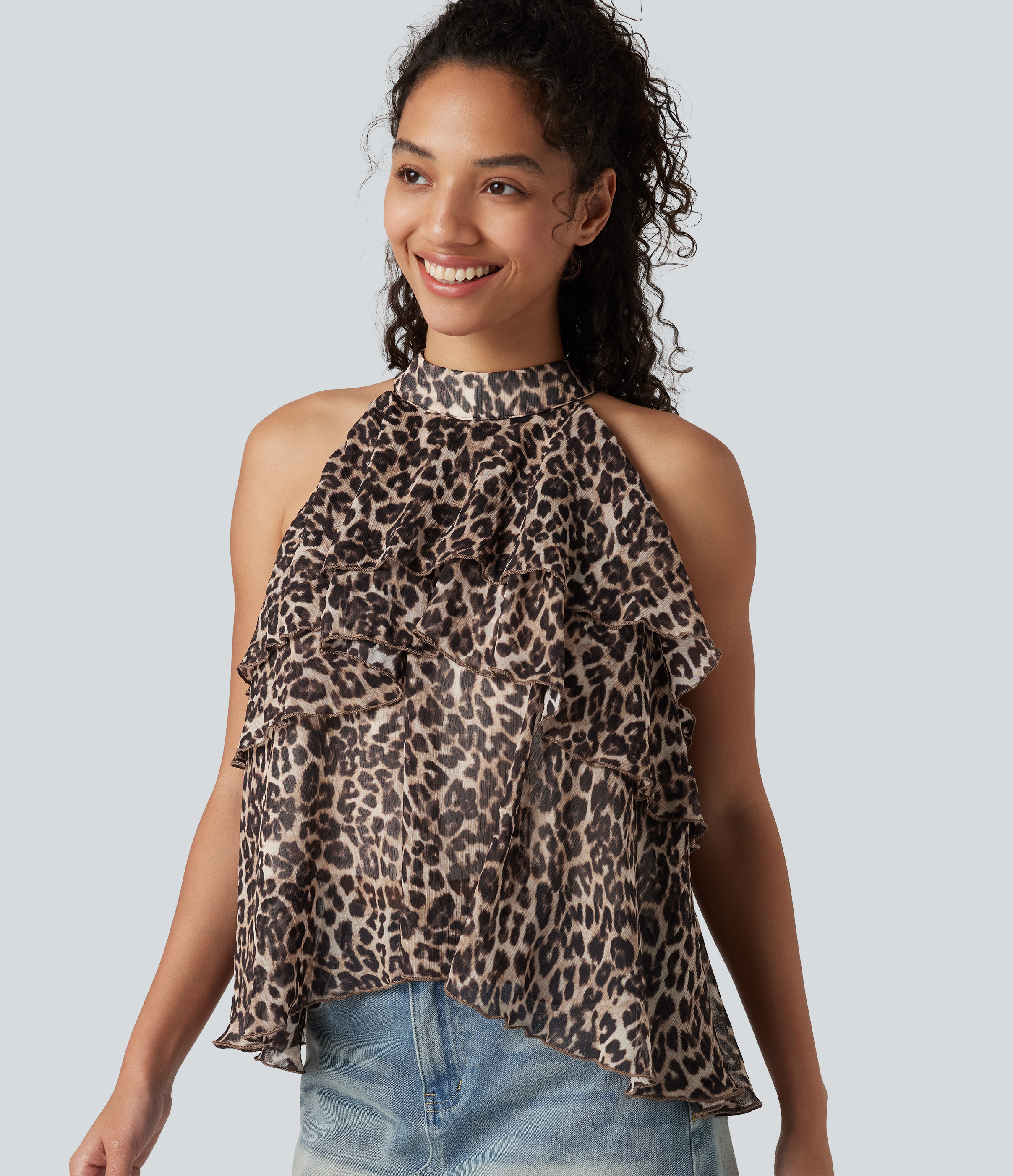 Stand Collar Sleeveless High Low Leopard Print Casual Top