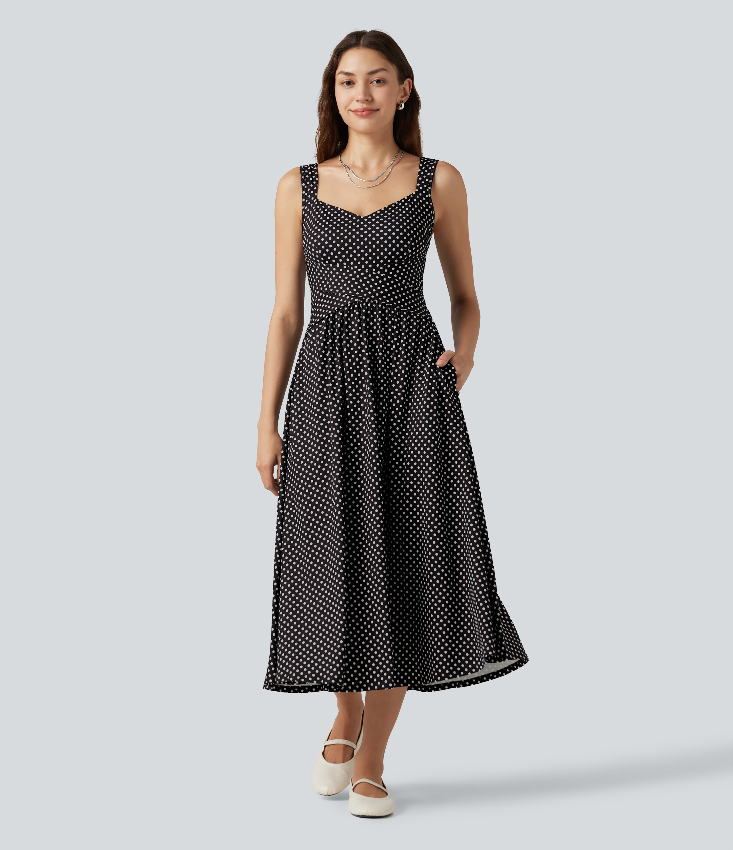 Sleeveless Backless Crossover Polka Dot Midi Casual Flowy Dress with Pockets