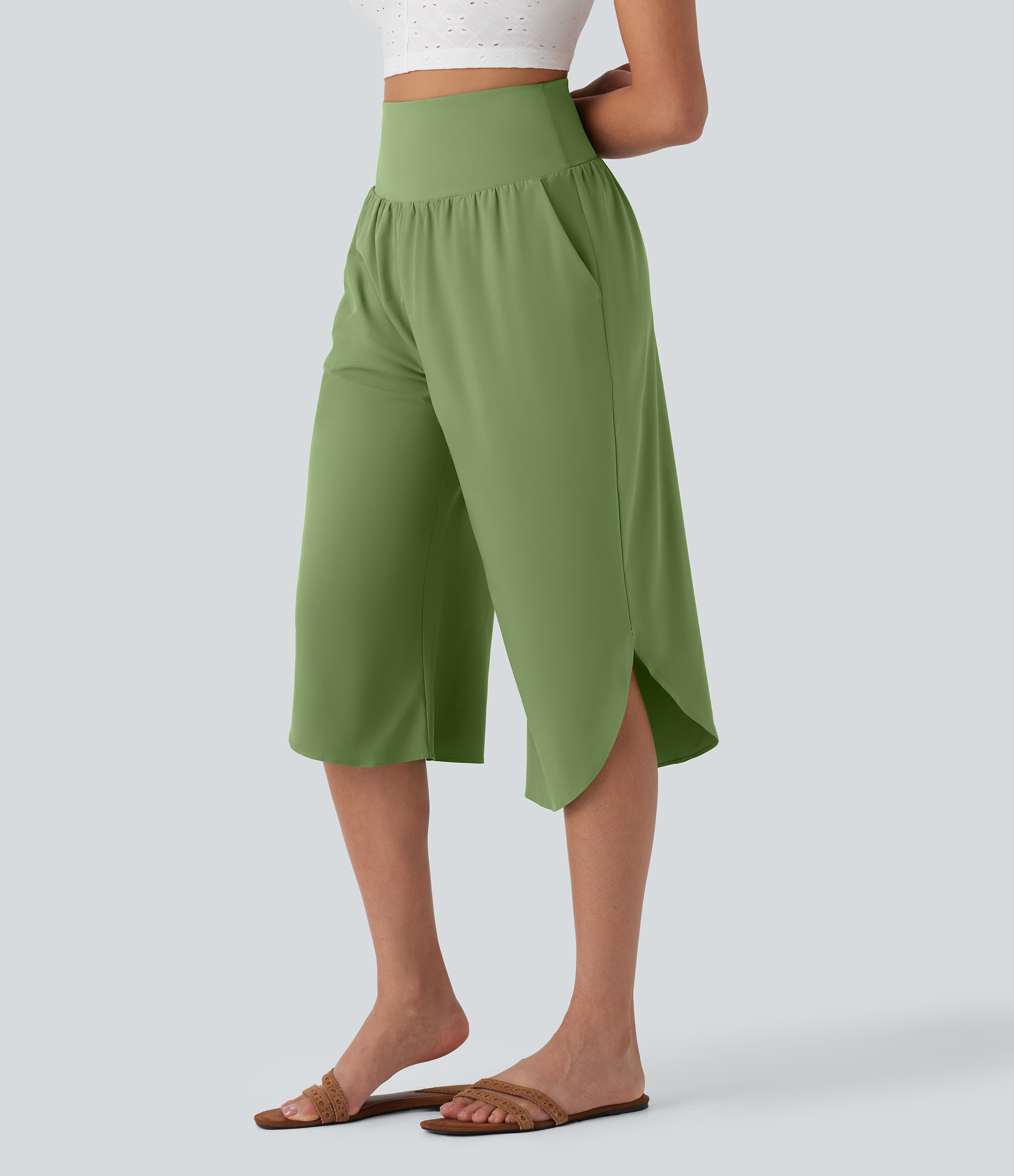 Breezeful™ High Waisted Tummy Control Hem Quick Dry Capri Pants with Pockets