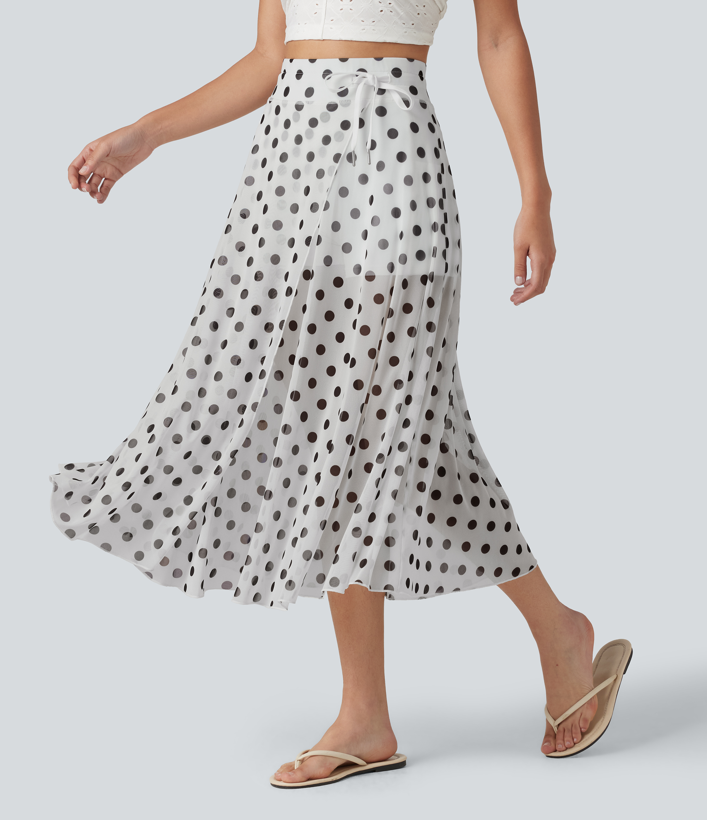 High-waisted Drawstring  Polka Dot Mesh 2-in-1 Midi Flowy Flare Resort Skirt with Pockets