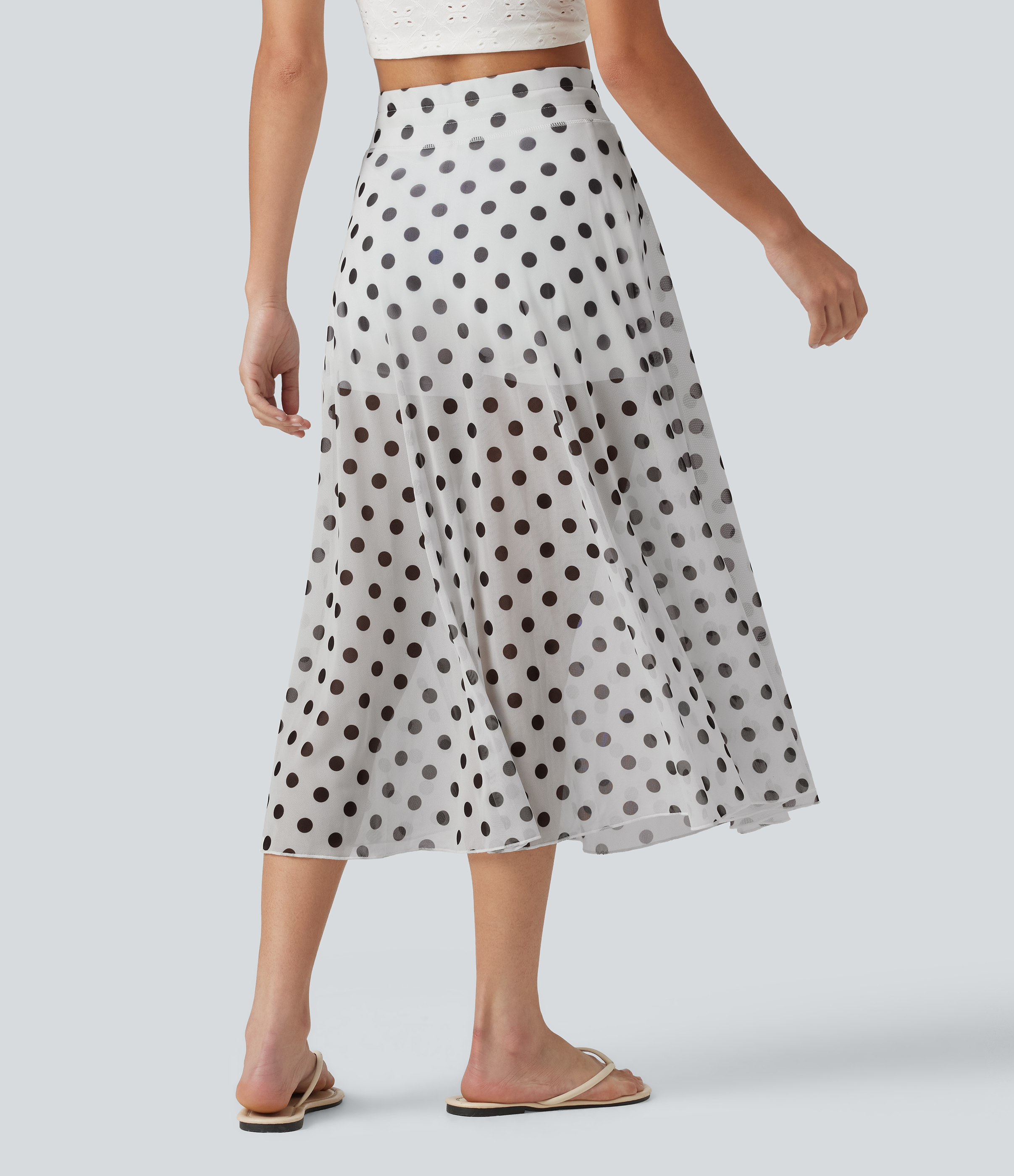 Classic Noir Dot High-waisted Drawstring  Polka Dot Mesh 2-in-1 Midi Flowy Flare Resort Skirt with Pockets / 2