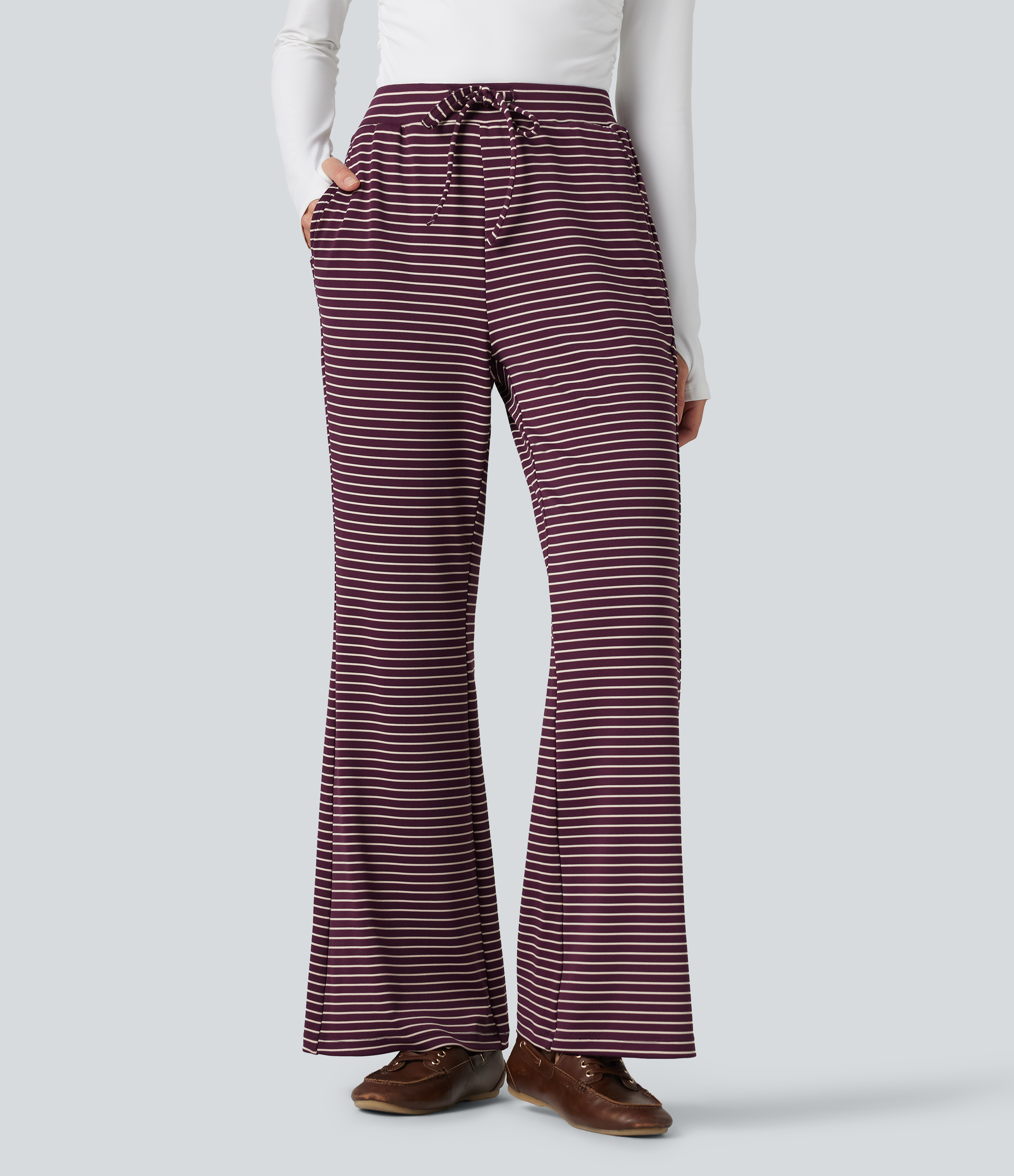 Ribbed Knit Stripes Mid Rise Drawstring Casual Bootcut Pants with Pockets