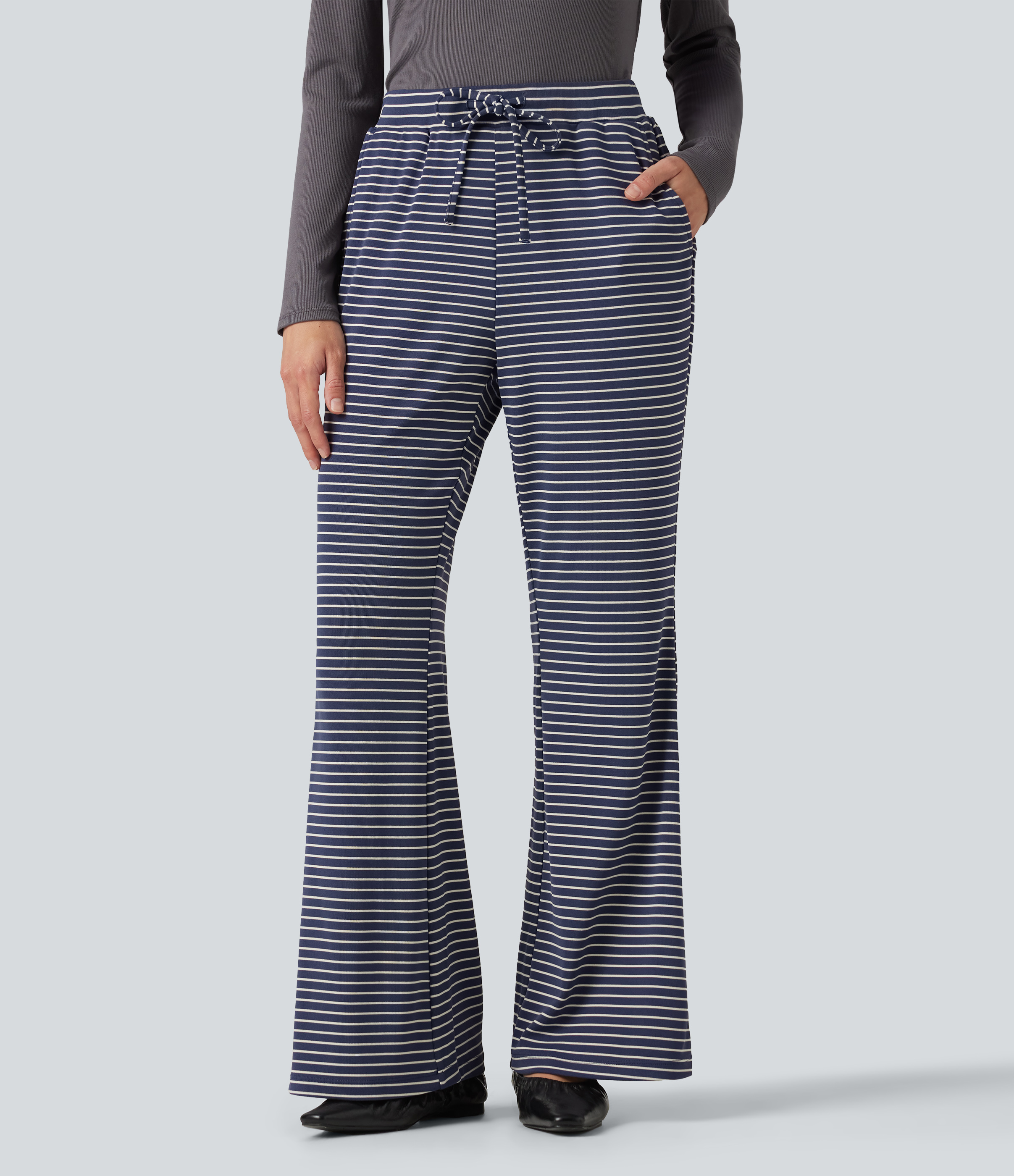 Ribbed Knit Stripes Mid Rise Drawstring Casual Bootcut Pants with Pockets