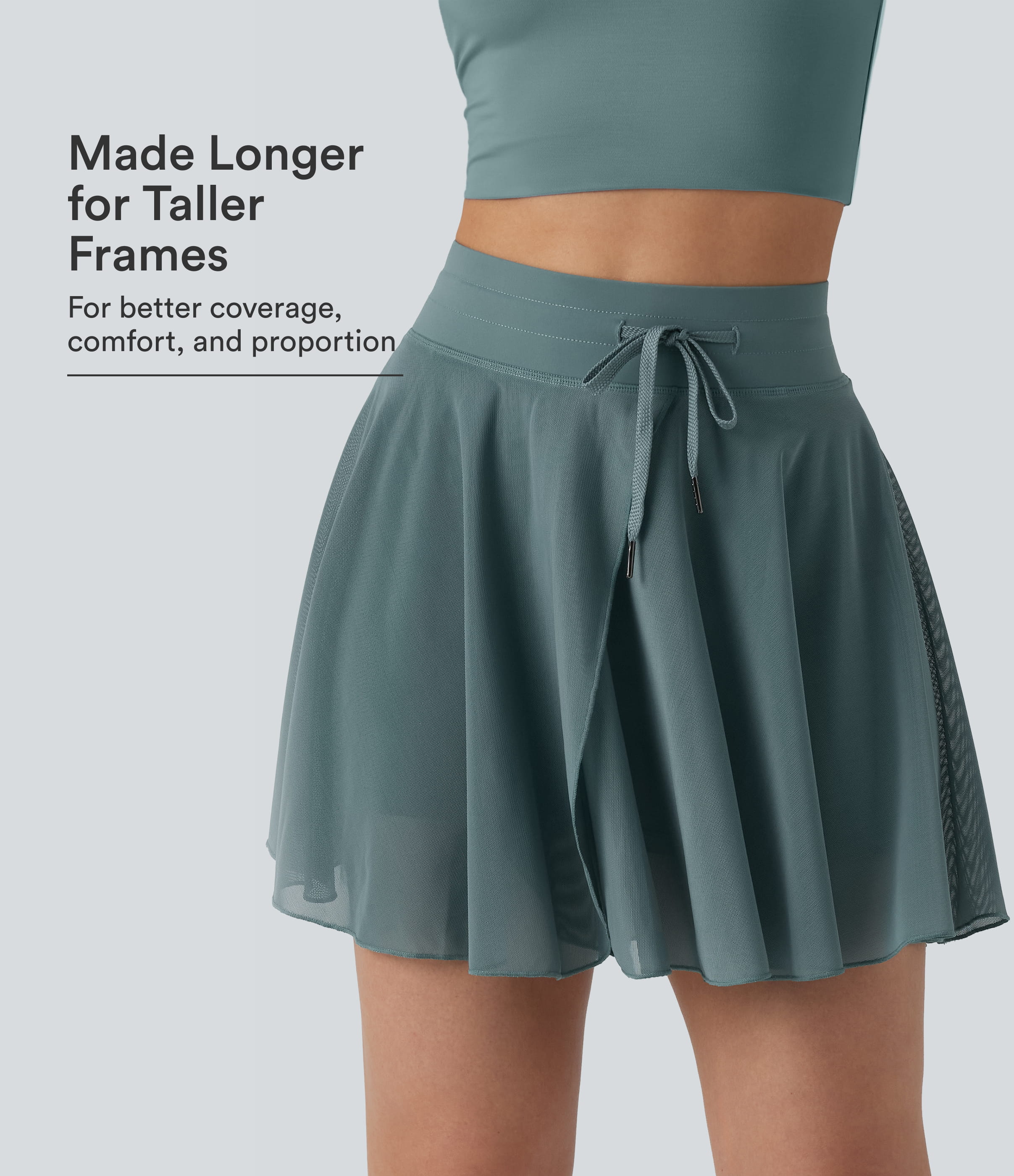 High Waisted Drawstring Contrast Mesh 2-in-1 Pocket Flowy Mini Flare Casual Skirt-Longer Length