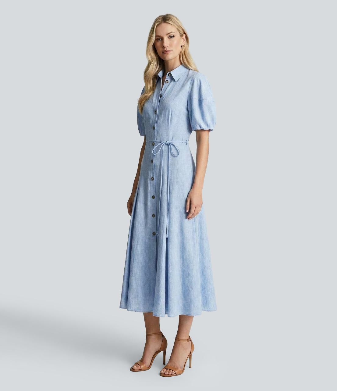 Puff Short Sleeve Belted Midi Work Shirt Dress