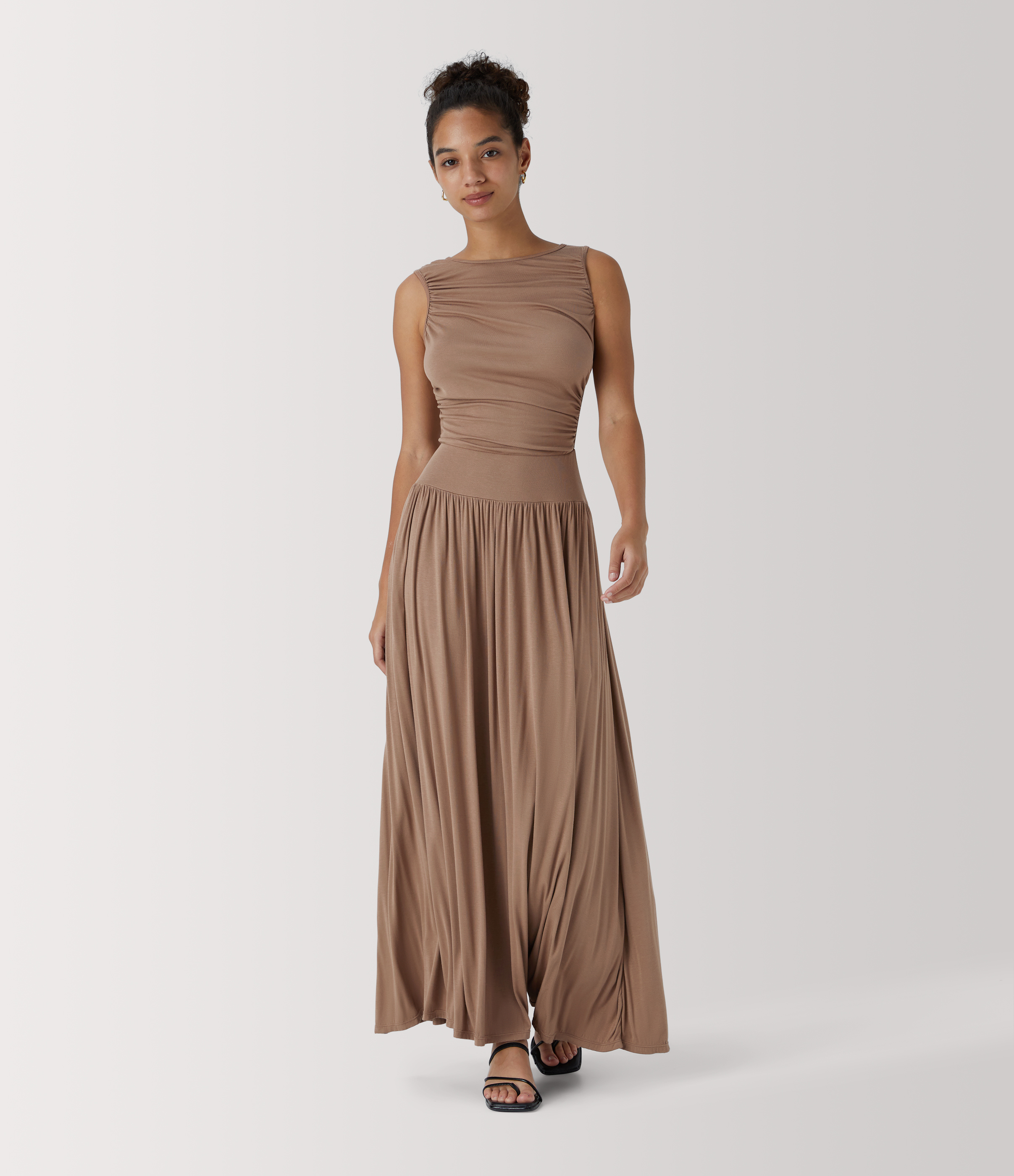 Ribbed Boat Neck Asymmetric Strap Ruched Pocket Flowy Maxi Casual Dress
