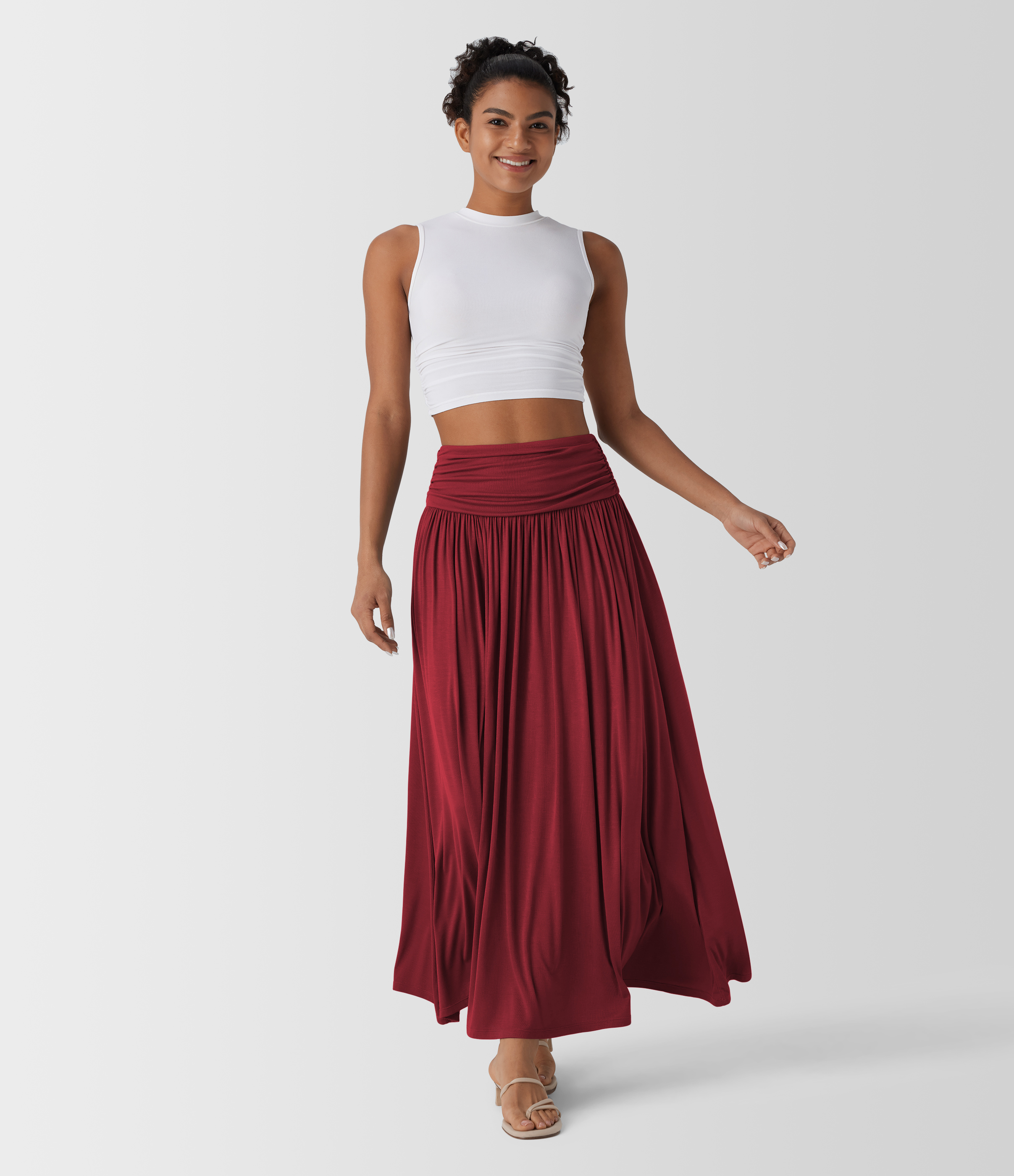 High Waisted Ruched Flowy Maxi Casual Skirt