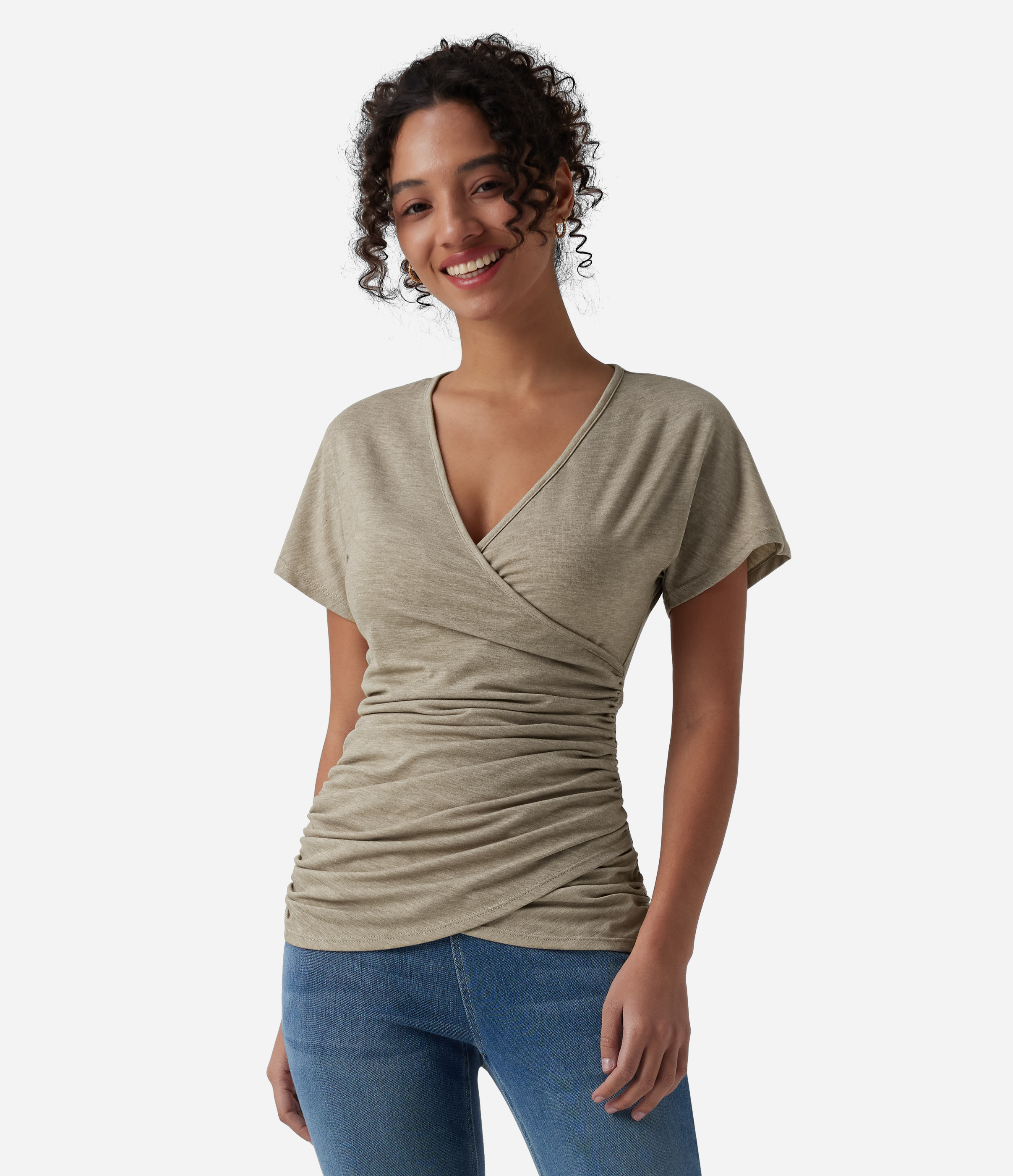 V Neck Short Sleeve Ruched Casual Top