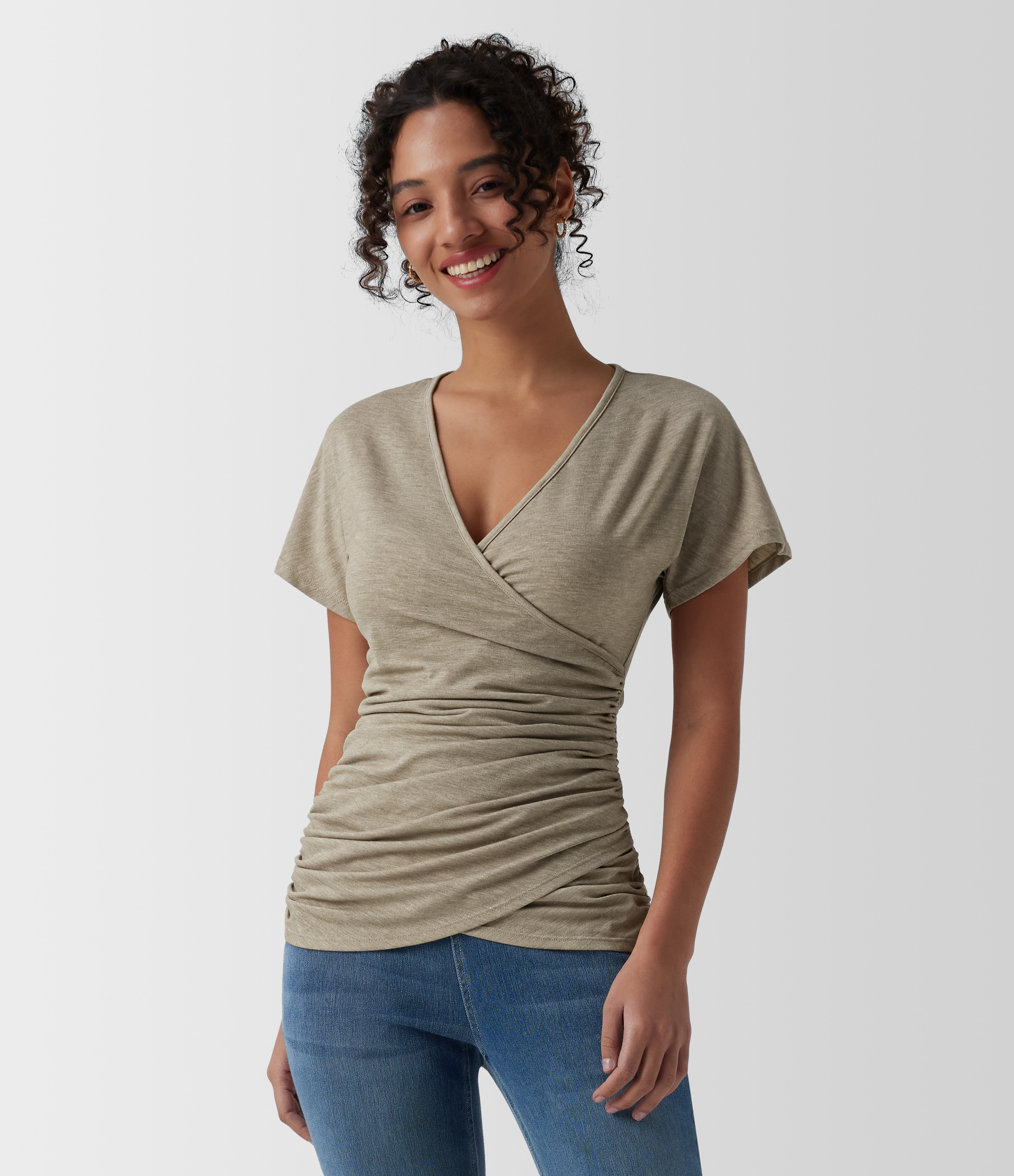 V Neck Short Sleeve Ruched Casual Top