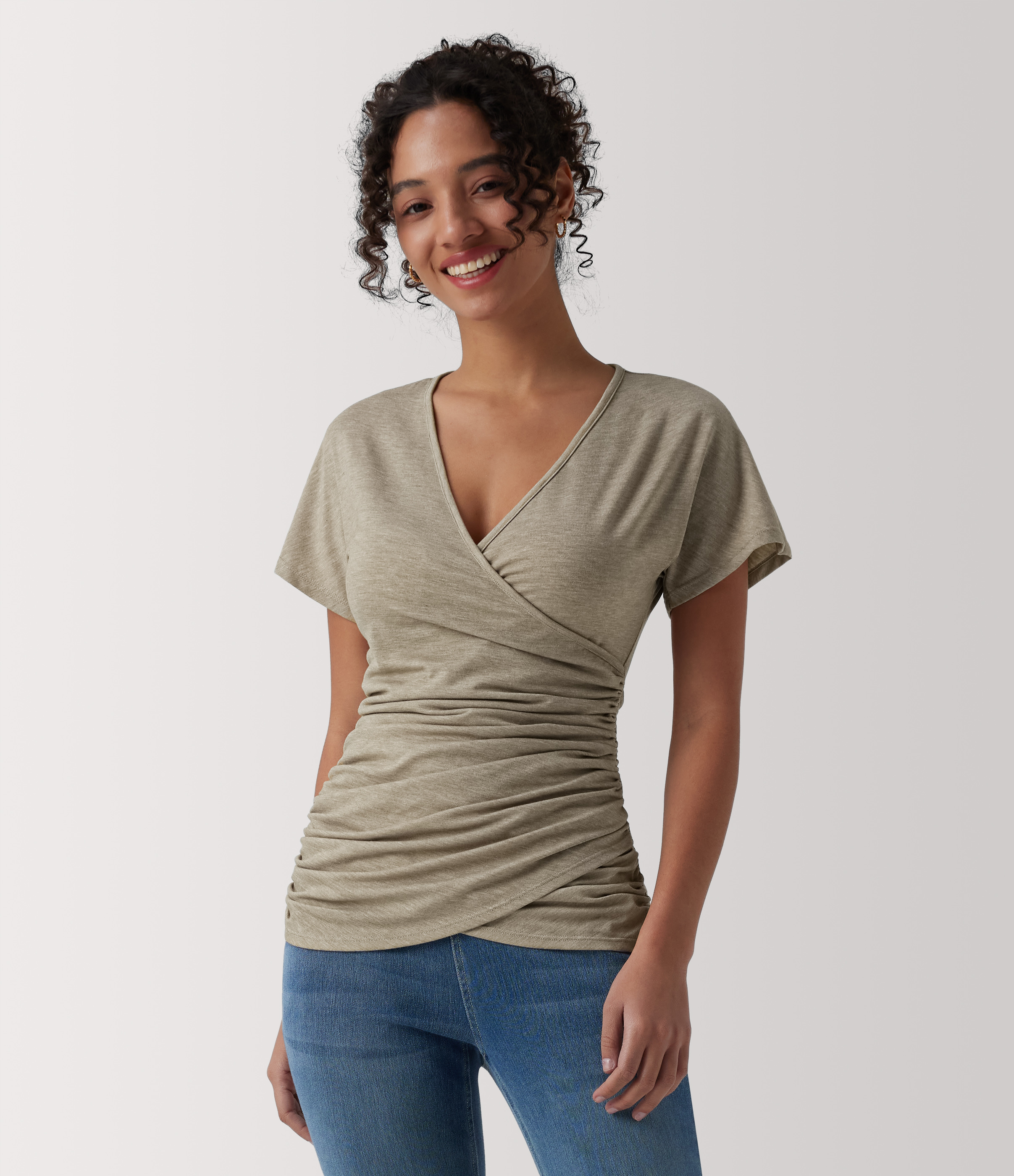 V Neck Short Sleeve Ruched Casual Top