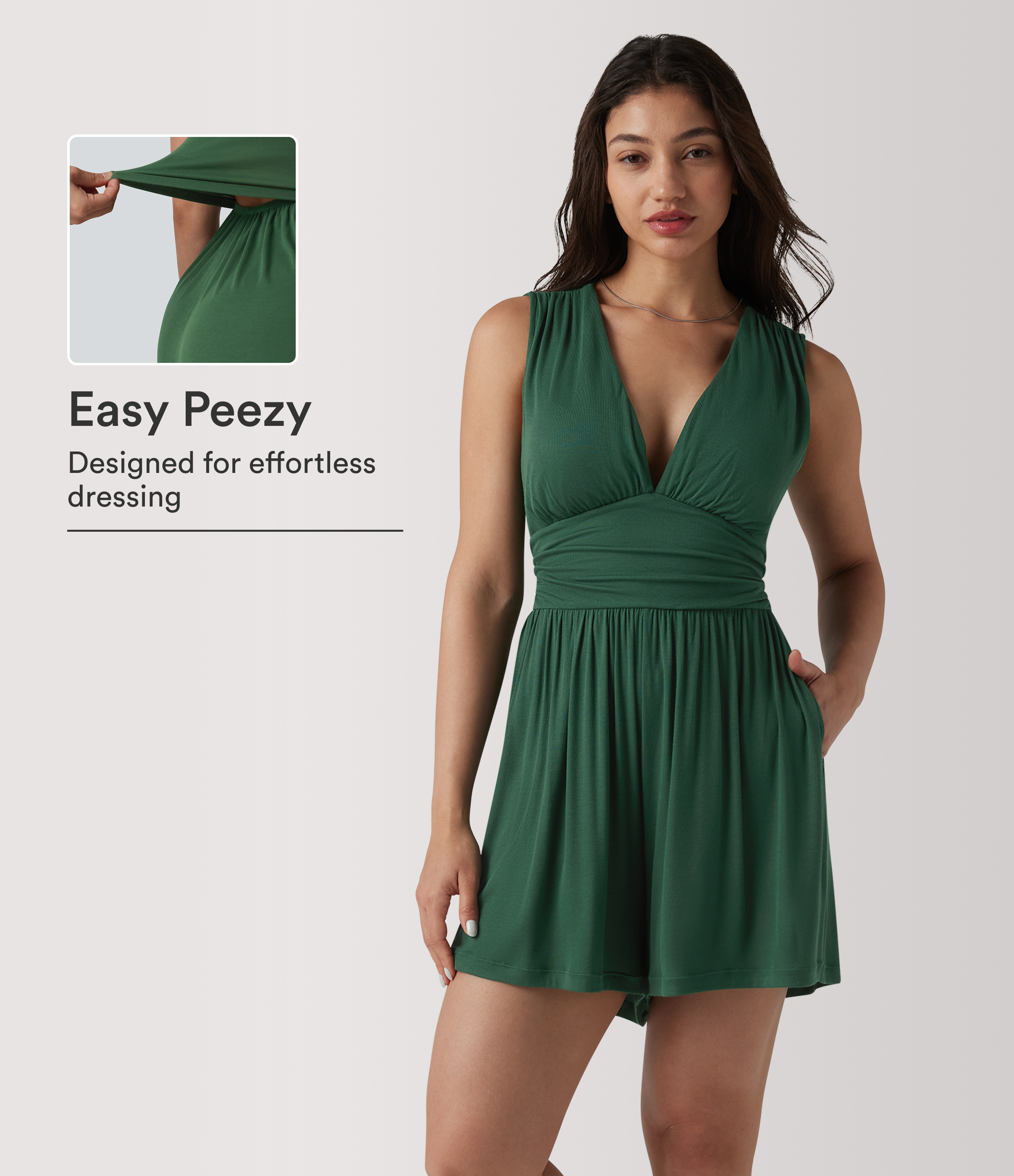 Ribbed V-neck Sleeveless Ruched Built-in Bra Casual Romper with Pockets-Easy Peezy
