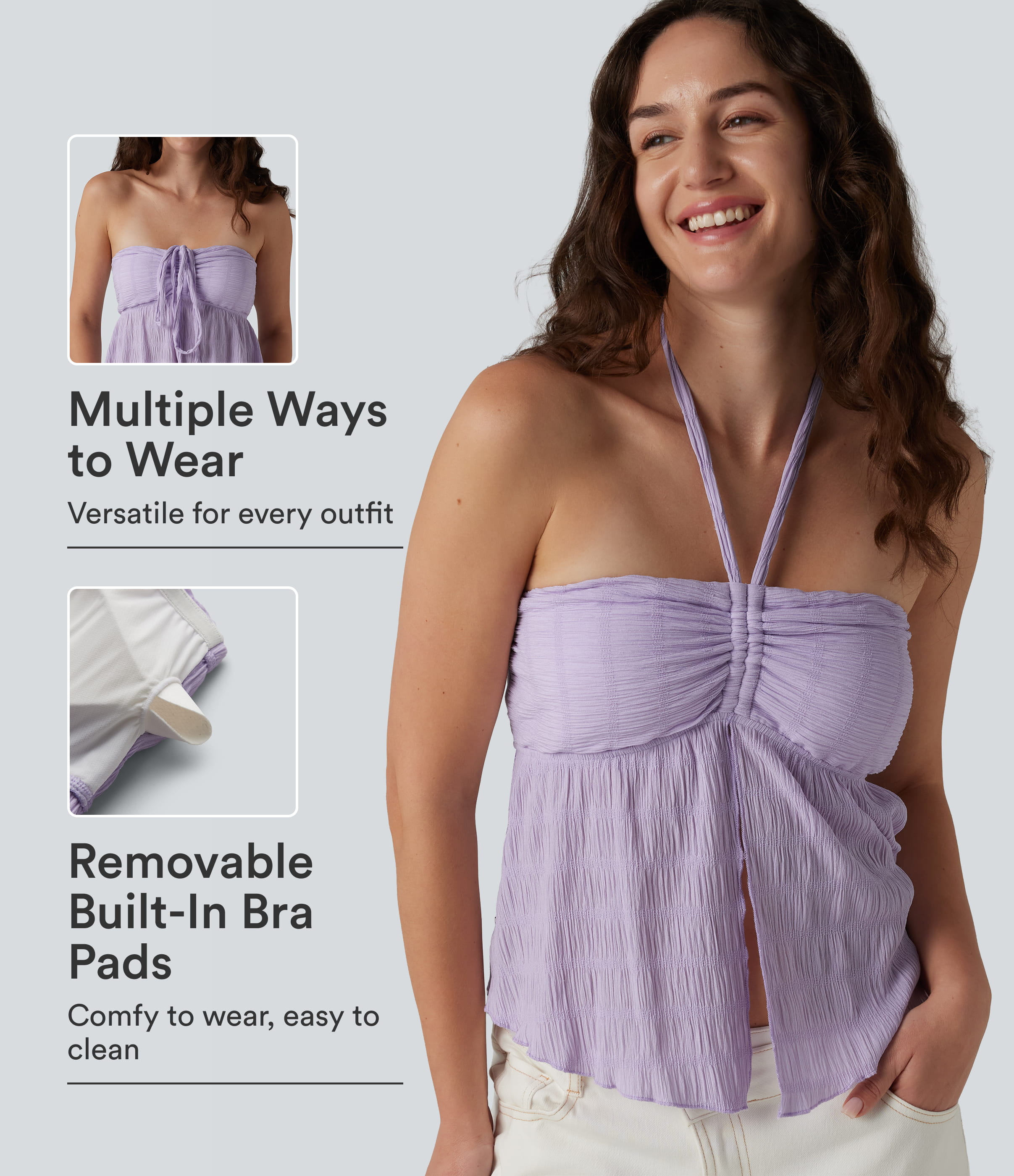 Halter Tie Back Built-in Bra Lettuce Trim Tank Top