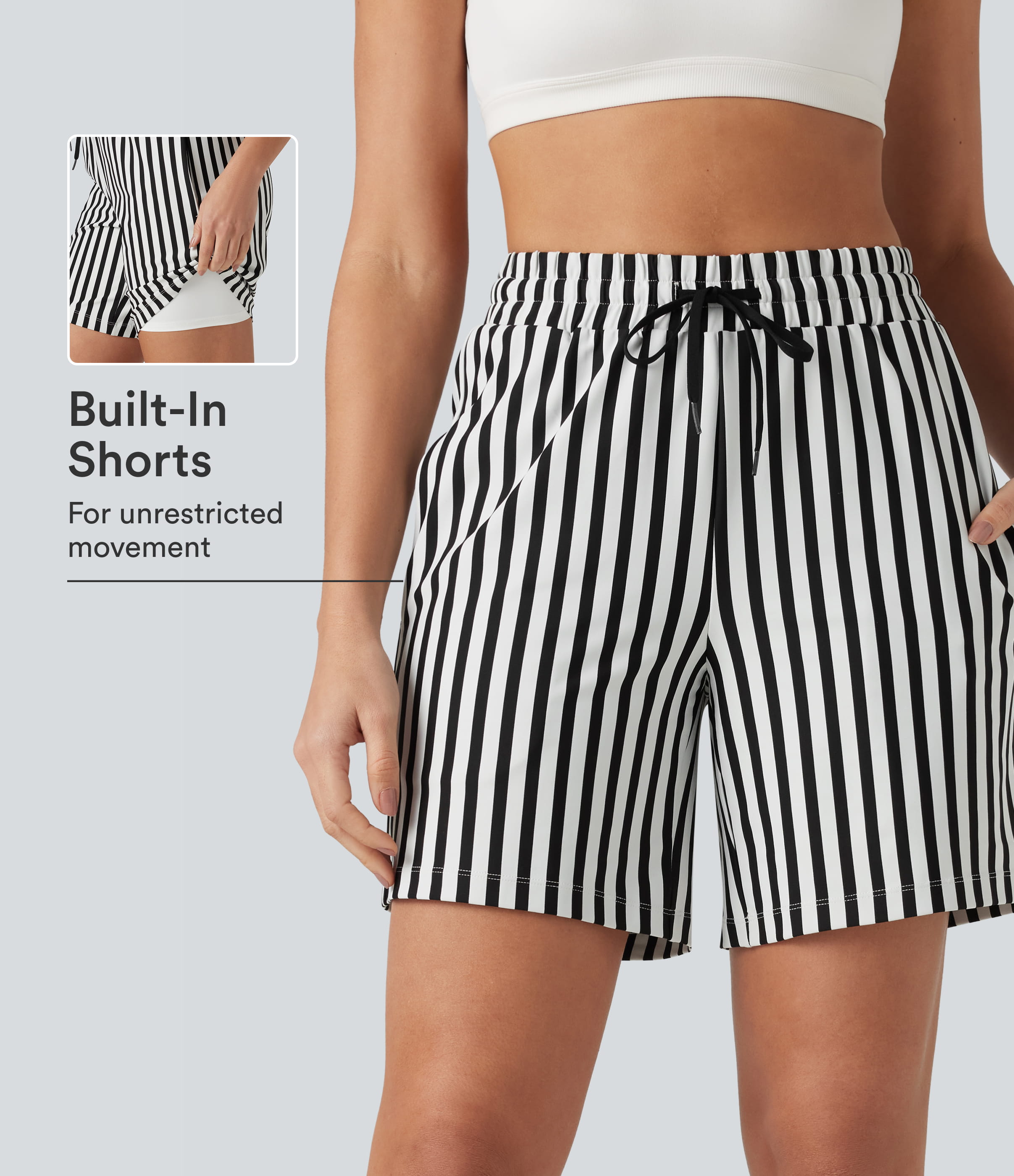 High Waisted Drawstring 2-in-1 Stripe Yoga Shorts 7'' with Pockets