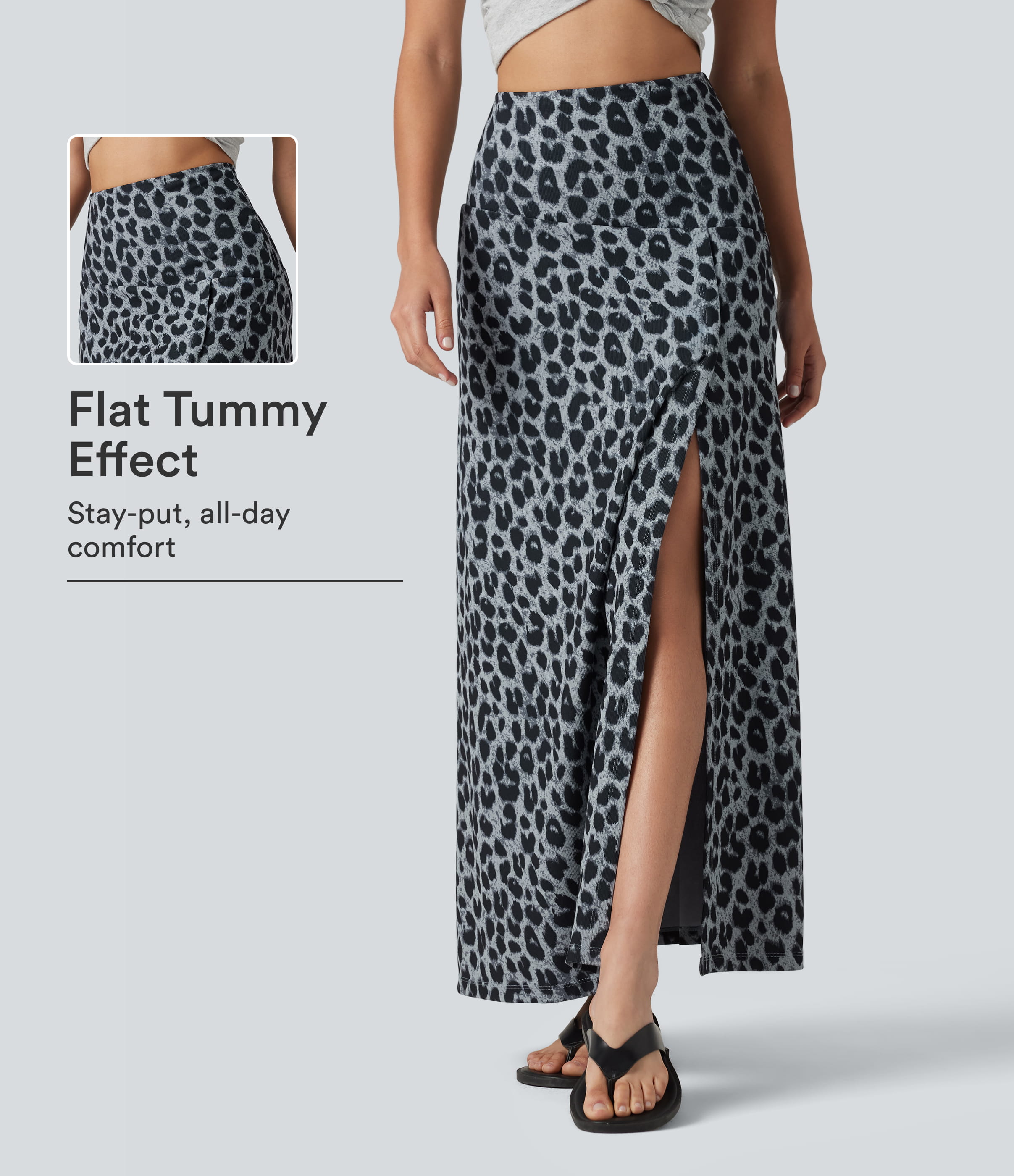 High Waisted Tummy Control Leopard Print Waffle Maxi Casual Skirt with Pocket