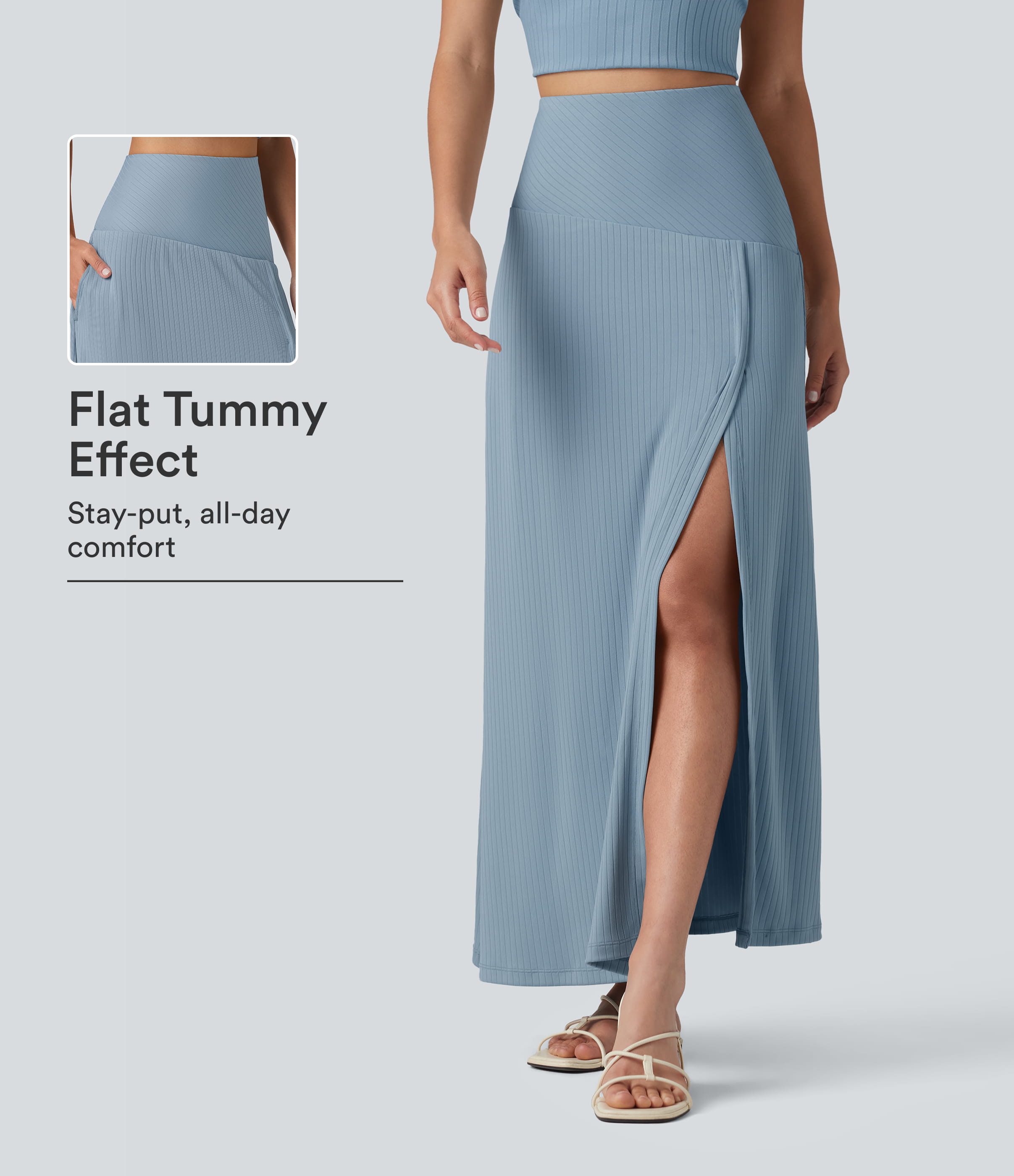 Ribbed Knit High Waisted Tummy Control Maxi Casual Skirt with Pocket