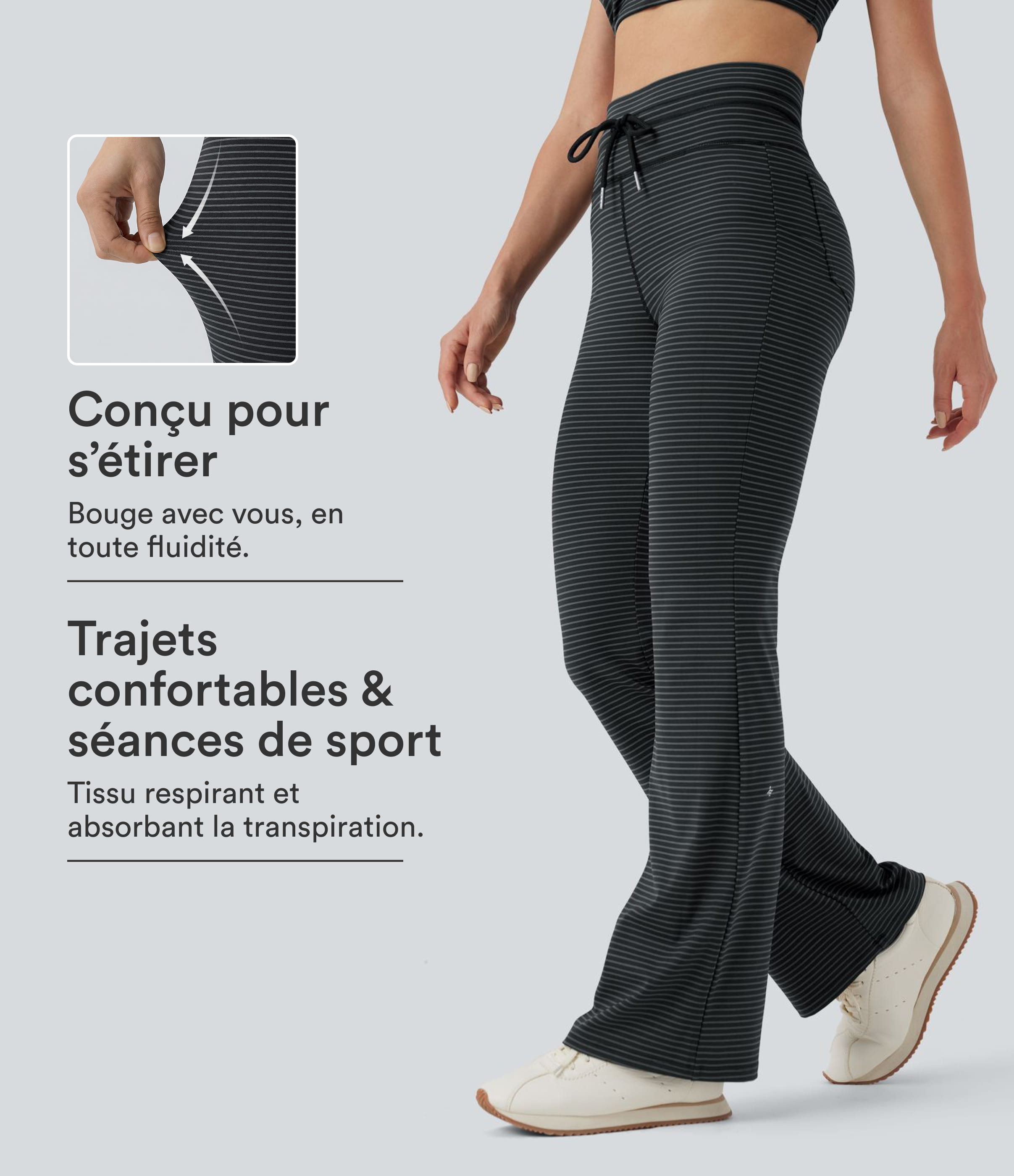 Pantalon de yoga évasé à rayures, taille haute, cordon et poches