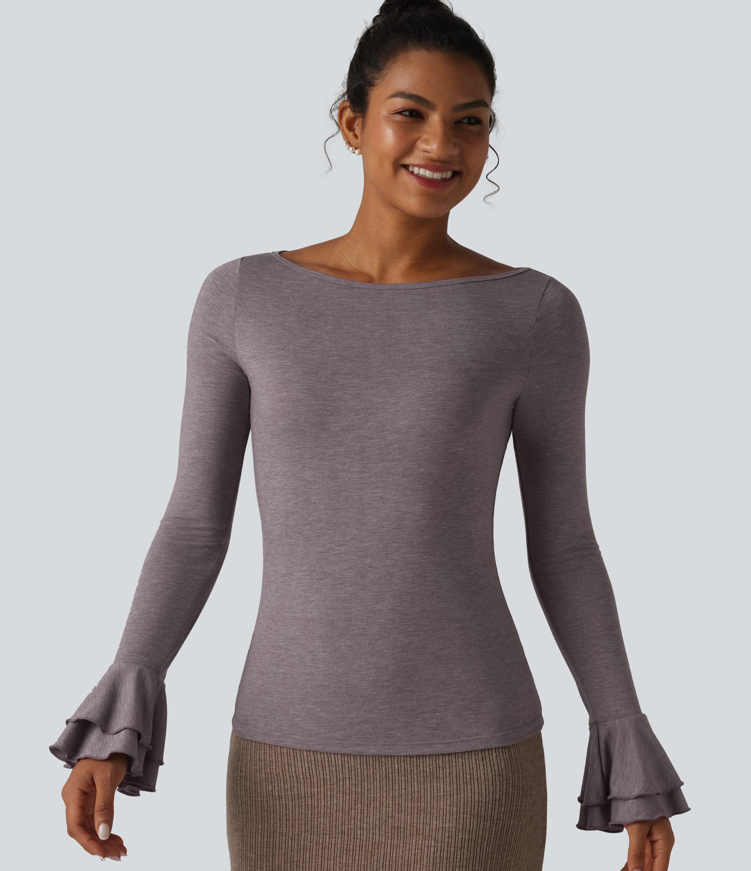 Boat Neck Flounce Long Sleeve Party Top