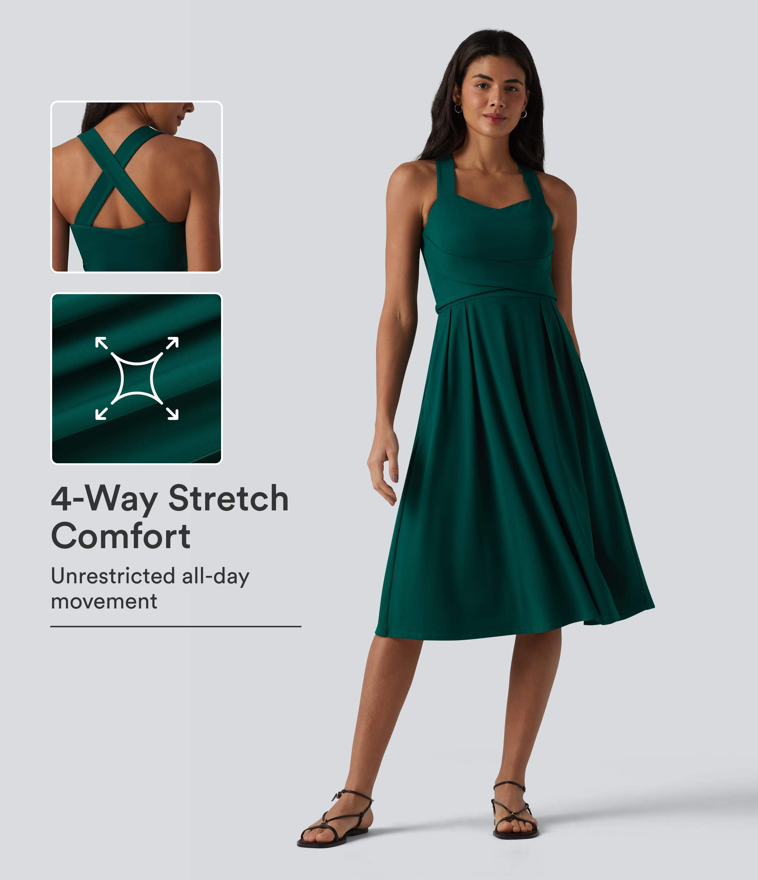 Sweetheart Neck Sleeveless Crisscross Tie-back Midi Casual Flowy Dress with Pockets