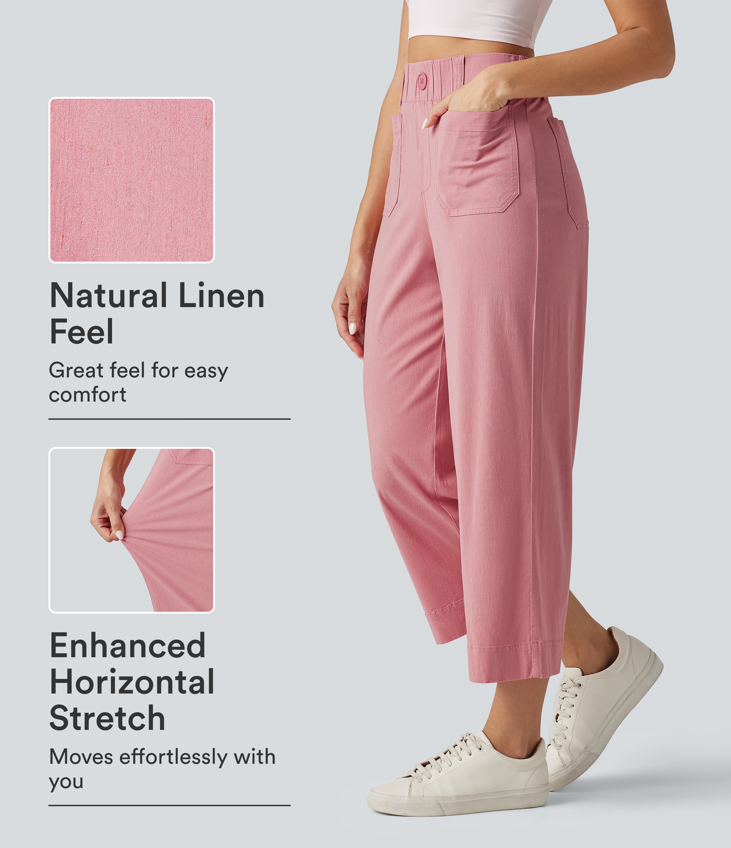 High Waisted Wide Leg Cropped Casual Stretch Linen Pants with Pockets